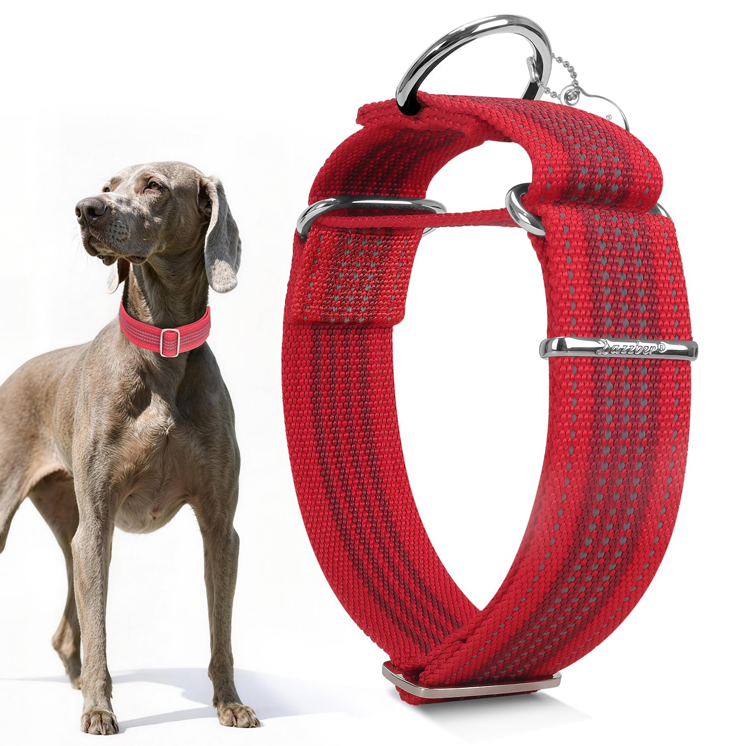 Dazzber 1.5" Martingale Dog Collar, Escape-Proof & Anti-Slip, Extra Strong Reflective Nylon, Adjustable Two-Color Stripe for Medium to Large Dogs (L-Classic Red & Deep red)