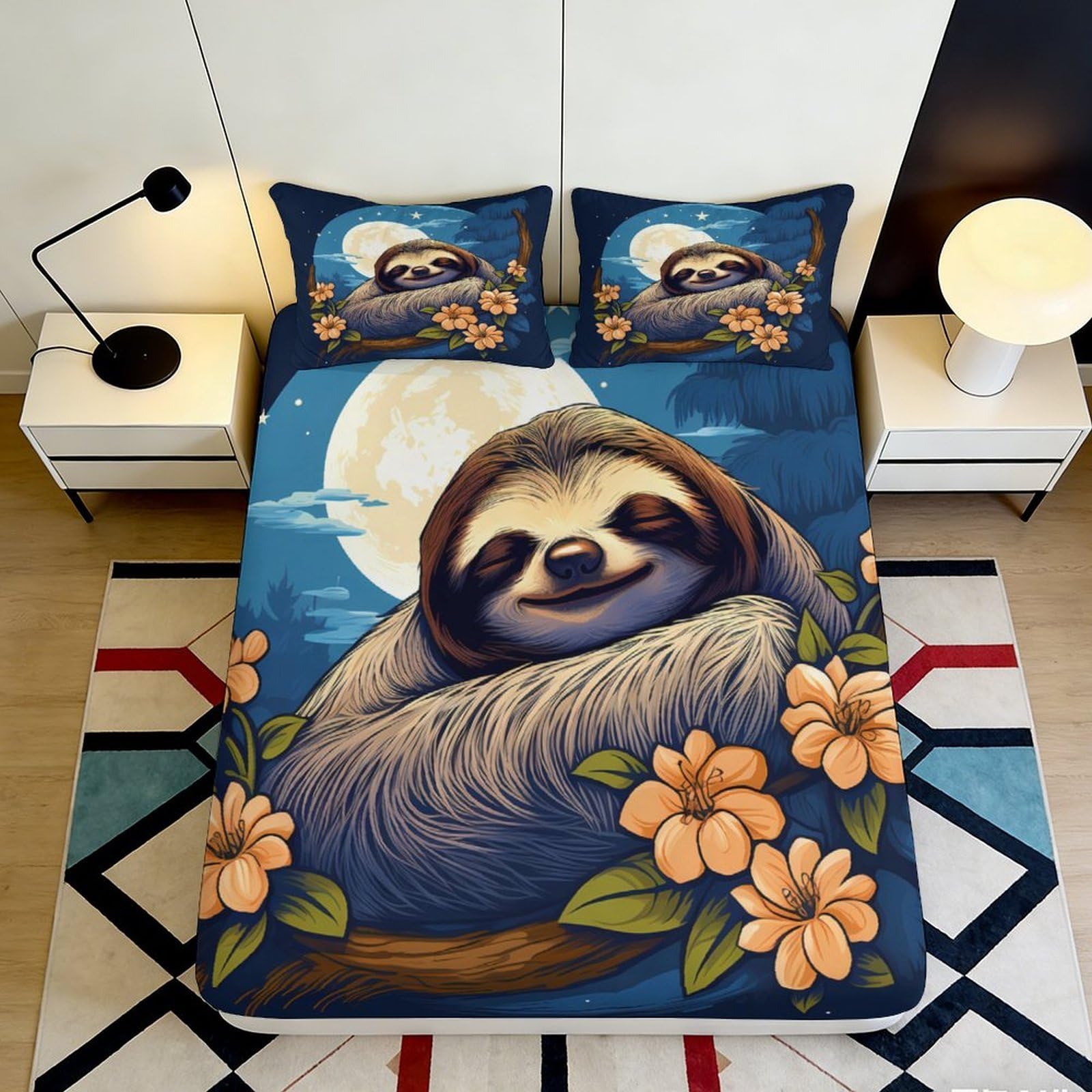 Pnayamiorkfel Style-7 3D Printed Sloth Moon Fitted Sheet Microfiber Soft Floral Bed Cover For Bedroom Guest Room Dorm Mattress Decor 90X200x25cm