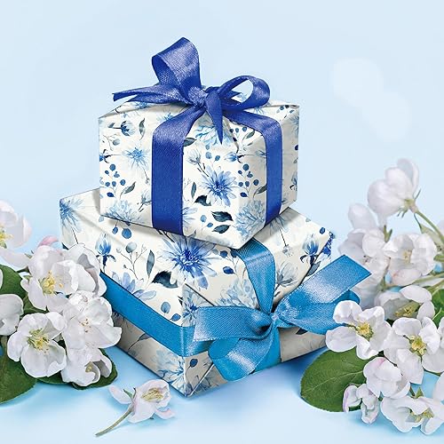 Miniatura 3 de SaringSwoon Papel de regalo floral azul y blanco para mujeres y niñas, envoltura de regalo de acuarela con diseño de flores azules para cumpleaños,