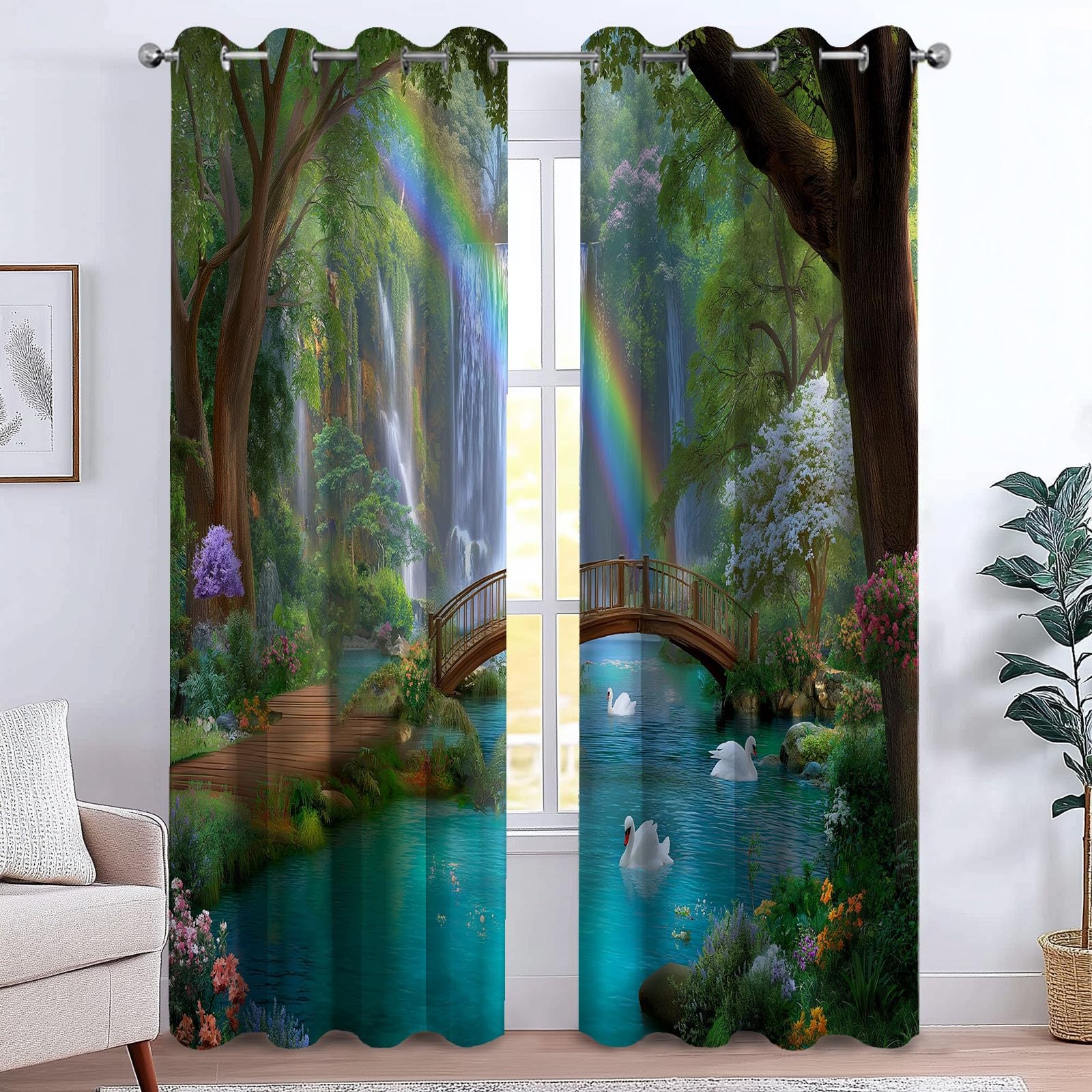 110 x 215 cm Zasłony 2 panele, wzór wodospad tęczowy drewniany most zasłony zaciemniające na okna, zielone zasłony dekoracyjne dla dzieci chłopców dziewcząt sypialnia i salon kuchnia