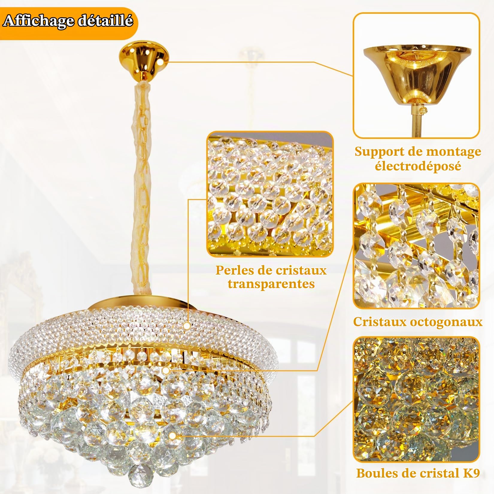 Lustre Cristal K9 Doré 46 cm, Hauteur Réglable, 6 x E14 Incluses
