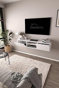 DF17102 LED Işıklı Duvara Monte TV Ünitesi, 2 Kapaklı Dolaplı, Raflı 150 cm TV Alt Ünitesi BEYAZ