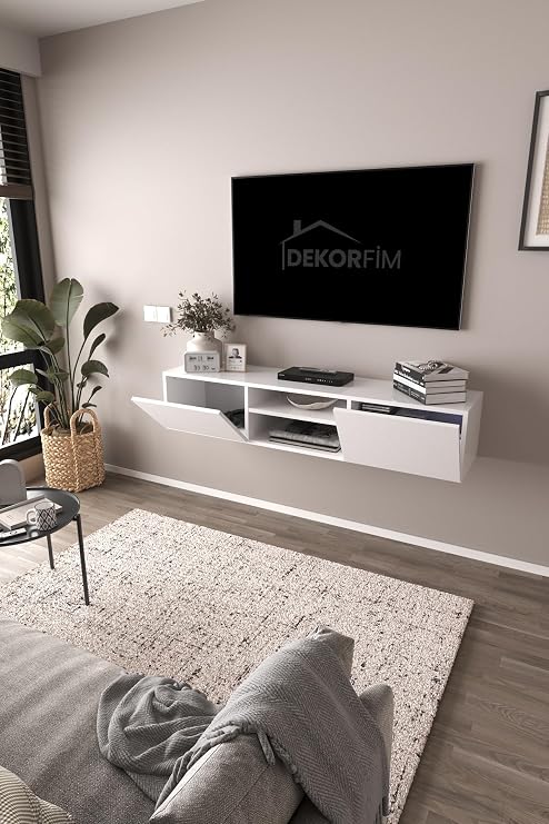 DF17102 LED Işıklı Duvara Monte TV Ünitesi, 2 Kapaklı Dolaplı, Raflı 150 cm TV Alt Ünitesi BEYAZ