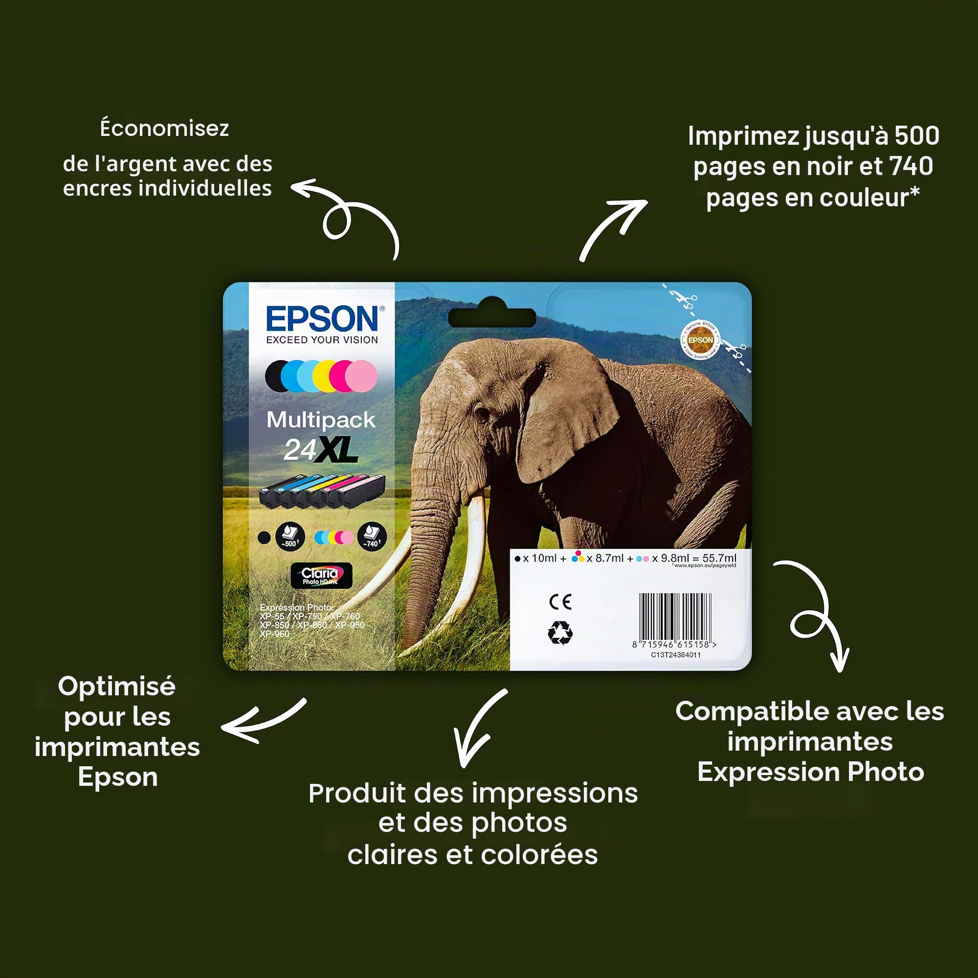 Epson 24 Elephant Genuine Multipack, Eco-Friendly Packaging, 6-colours Claria Photo HD Ink Cartridges, Cyan