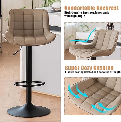 Miniatura 37 de YOUTASTE Taburetes de bar negros de altura de mostrador, juego de 2 taburetes de bar ajustables giratorios de piel sintética con respaldo acolchado,