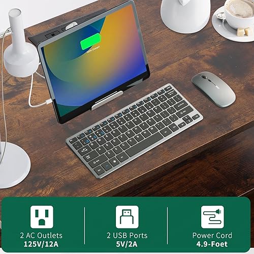 Miniatura 5 de Mesita de noche de 27 pulgadas de ancho, mesita de noche grande de madera con 2 cajones, mesita de noche LED con estación de carga y cajón