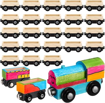 Lenwen 26 Pcs Unpainted Magnetic Wooden Trains Cars Unfinished Party Favors Wood Train Set for Birthday Party Supplies Paint Project Craft DIY DecorationsLoad Style