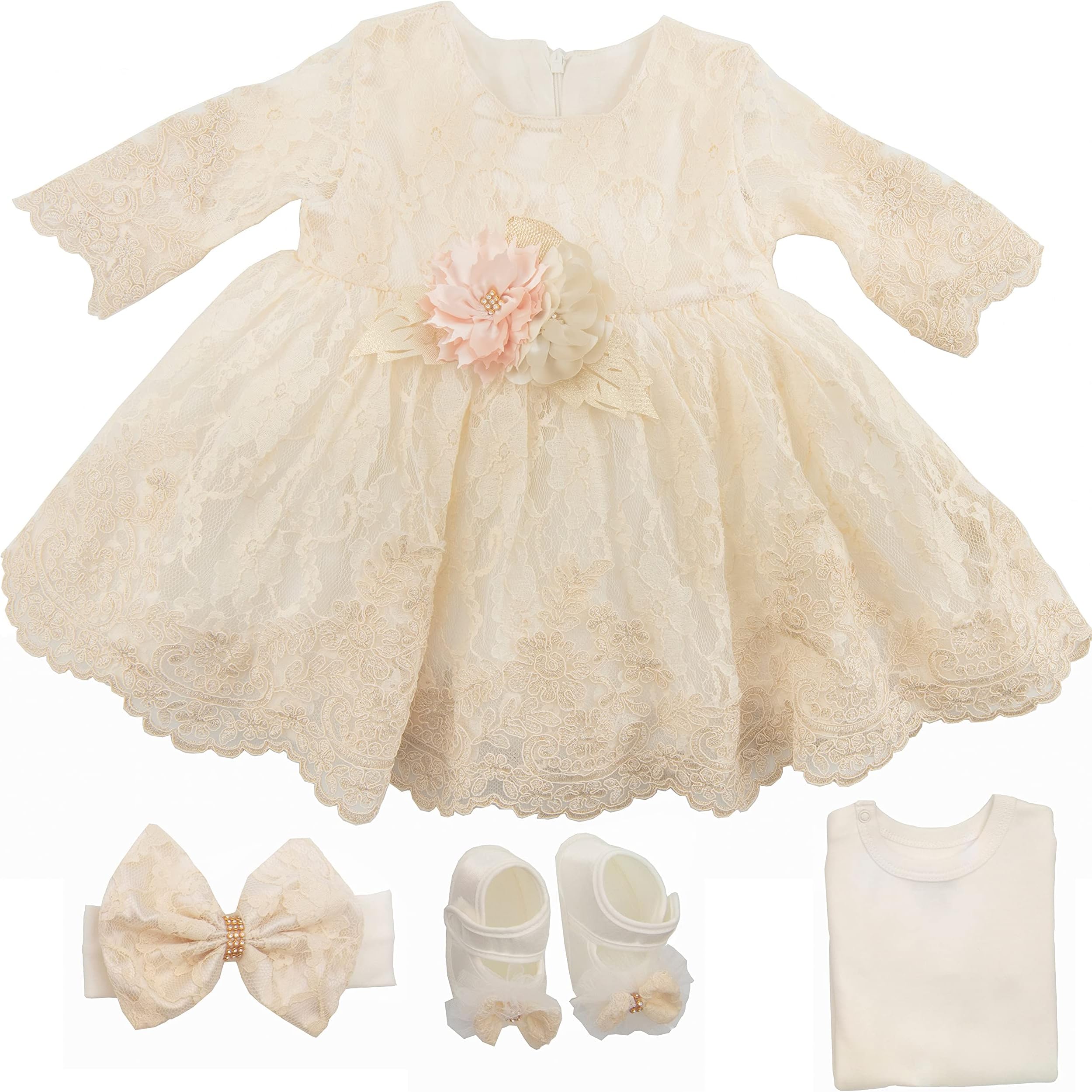 Lal & Luna Newborn Baby Girl Lace Dress Set, 4pc Outfit for Special Occasions