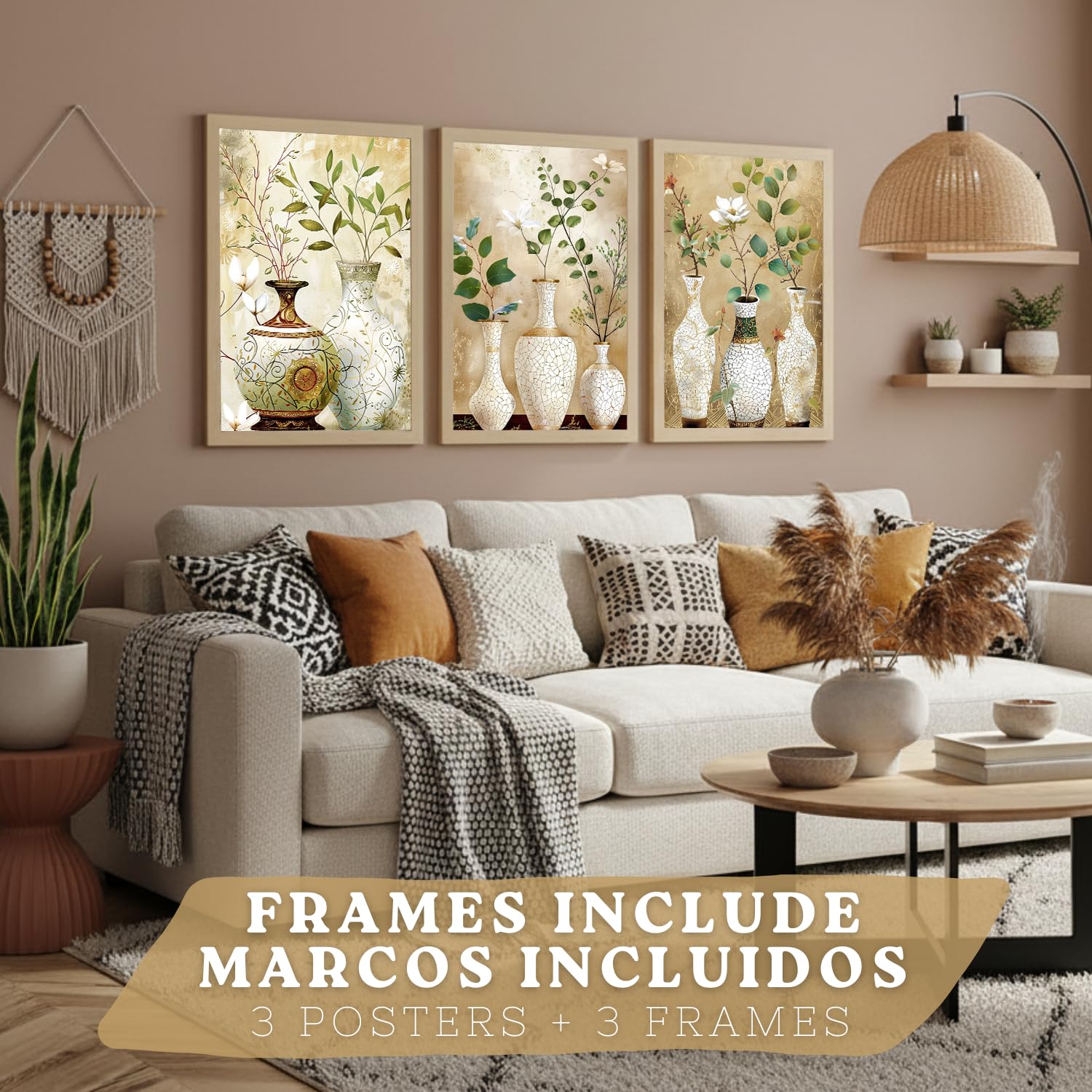 Nacnic Juego De 3 Cuadros Florales. Laminas Decorativas Pared Flores Clasicas. Posters De Pared Botanico Naturaleza. Cuadros Flor Silvestre Pared Para Salón Y Dormitorio. Tamaño A3 Marco Madera Clara