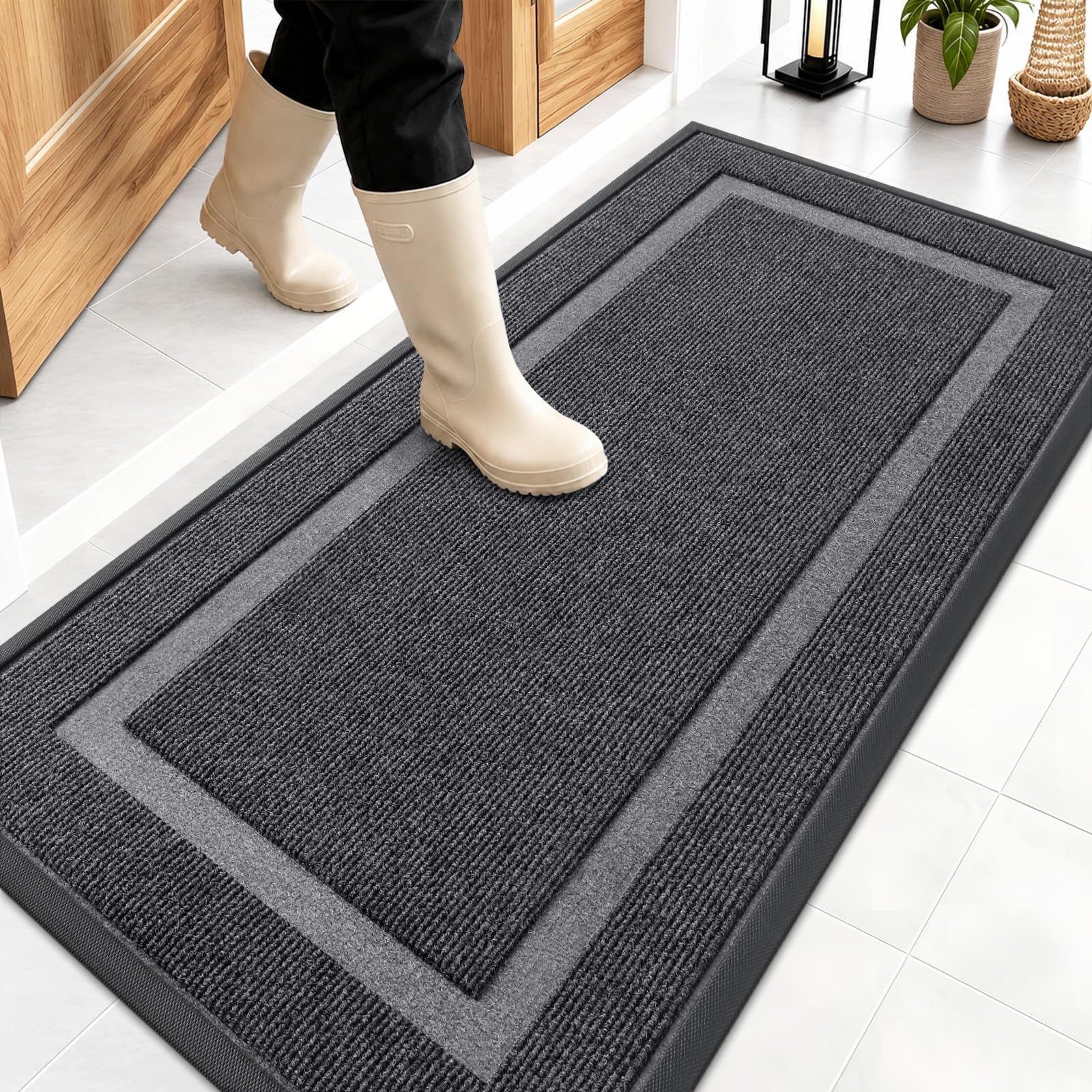OLANLY Front Door Mat Outside 47x23, All-Season Heavy-Duty Rubber Doormat | Grey, Absorbent, Stain and Fade Resistant, Waterproof Non-Slip Backing, Low-Profile Indoor Outdoor Floor Mat for Entryway