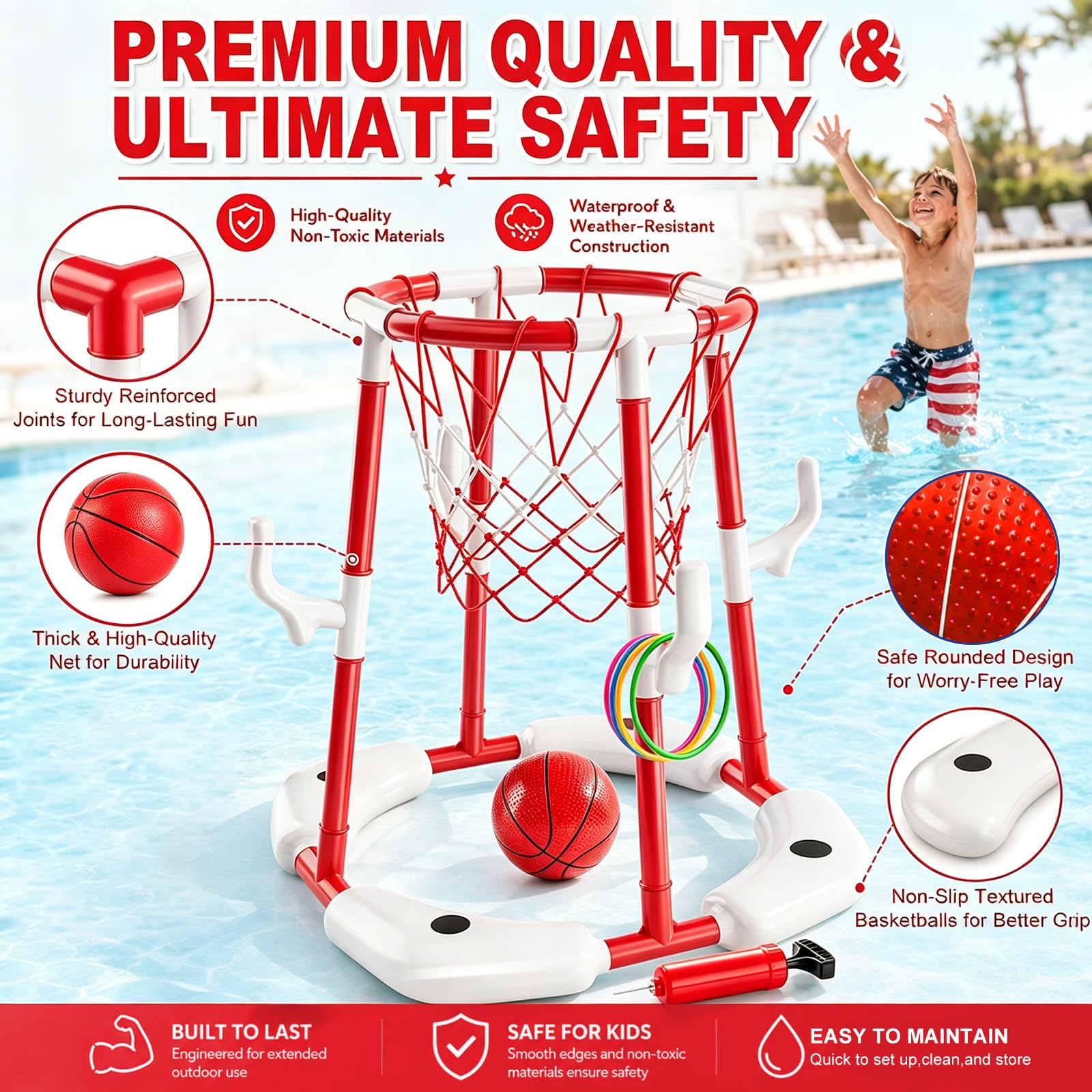 Yuragim Canasta de Baloncesto para Piscina, Juguete Inflable Flotante y Estacionario con 4 Pelotas, 12 Anillos de Lanzamiento, Red y Bomba, Ideal para Niños de 4 a 12 Años
