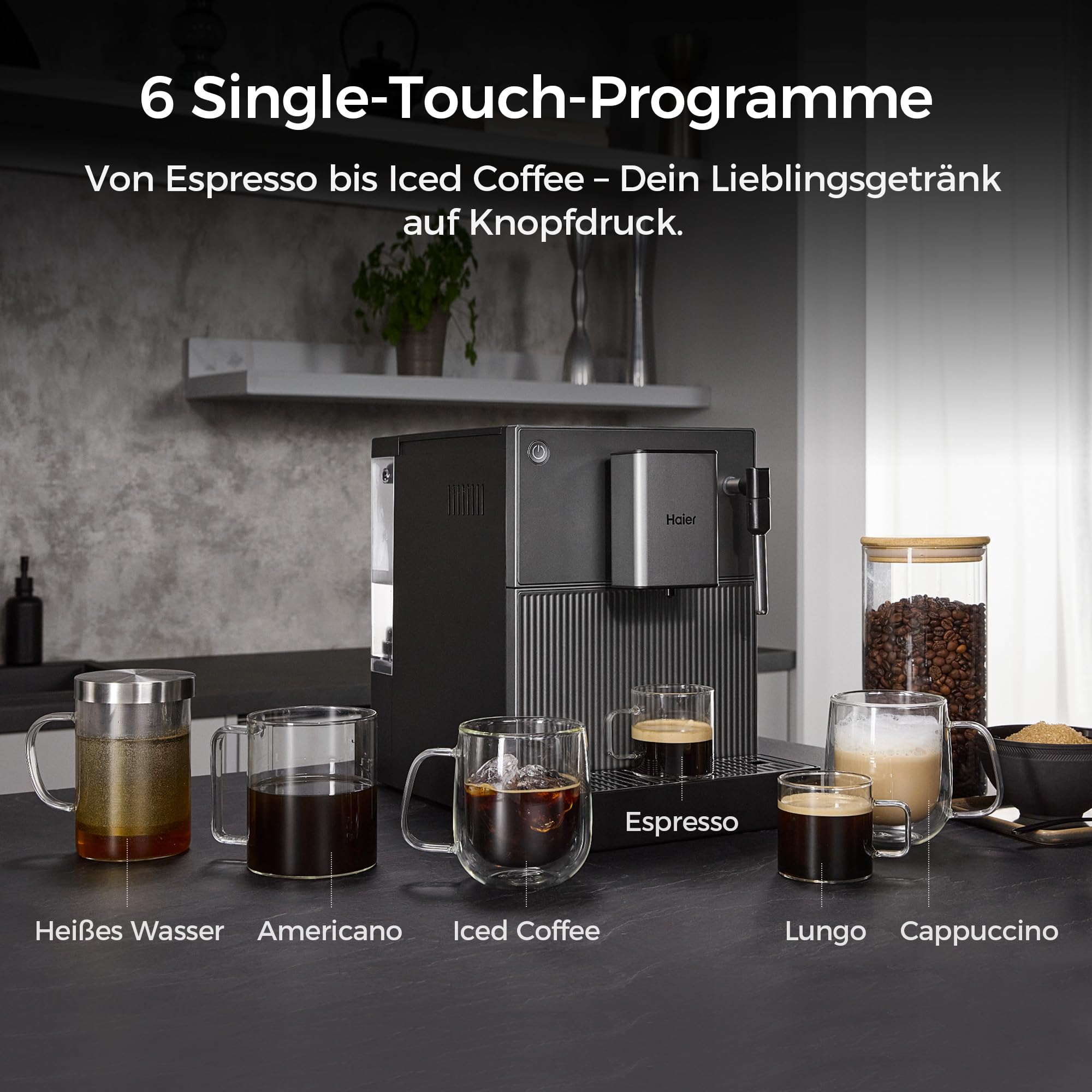 Haier Kaffeevollautomat klein mit Mahlwerk | 6 Kaffeespezialitäten | Kaffeemaschine Bohnen mit Milchdüse, 5 Mahlstufen, Auto-Reinigung, perfekt für kleine Küchen, Camping, kompakt