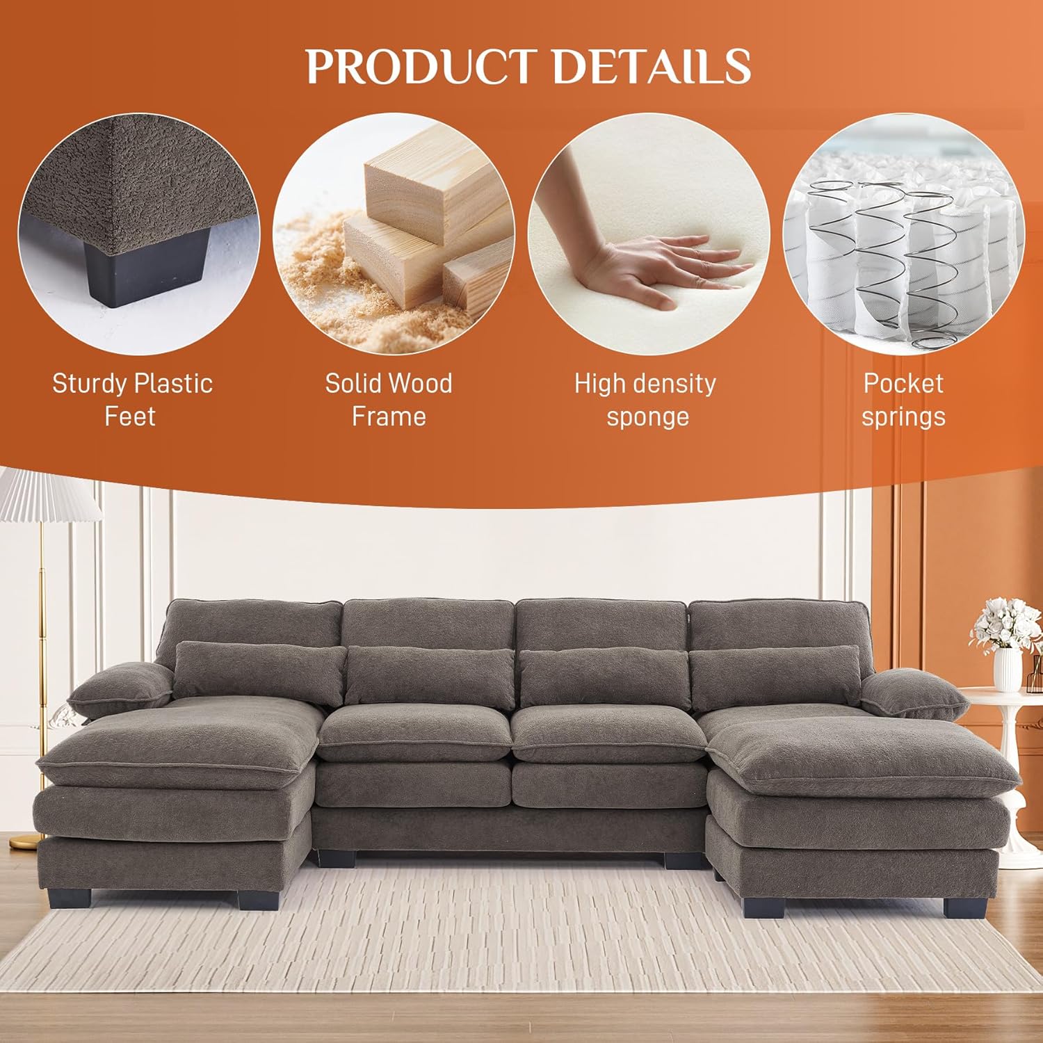 U Shape Sectional Sofa Cloud Couch for Living Room, 114" Comfy Modular Sectional Couch, Upholstered Chenille 4 Seat L Shape Cloud Sofa with Ottoman Lounge Chaise, Stone Grey