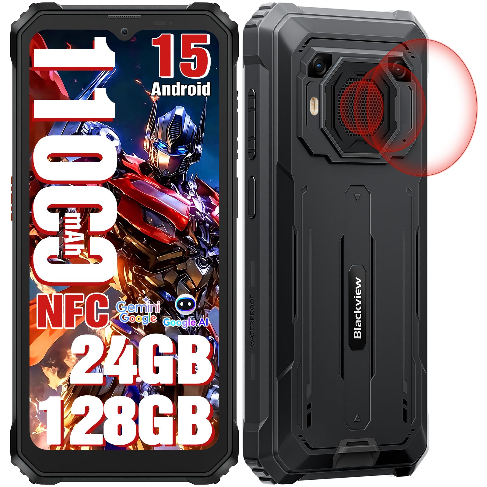 Blackview BV6200 Plus Outdoor Handy 11000mAh 24GB+128GB/2TB, Android 15 Outdoor Smartphone Ohne Vertrag, 98DB Lautsprecher, 6.56" 90Hz, IP69K Wasserdicht, Baustellenhandy, 16MP/Dual 4G/OTG/GPS/NFC