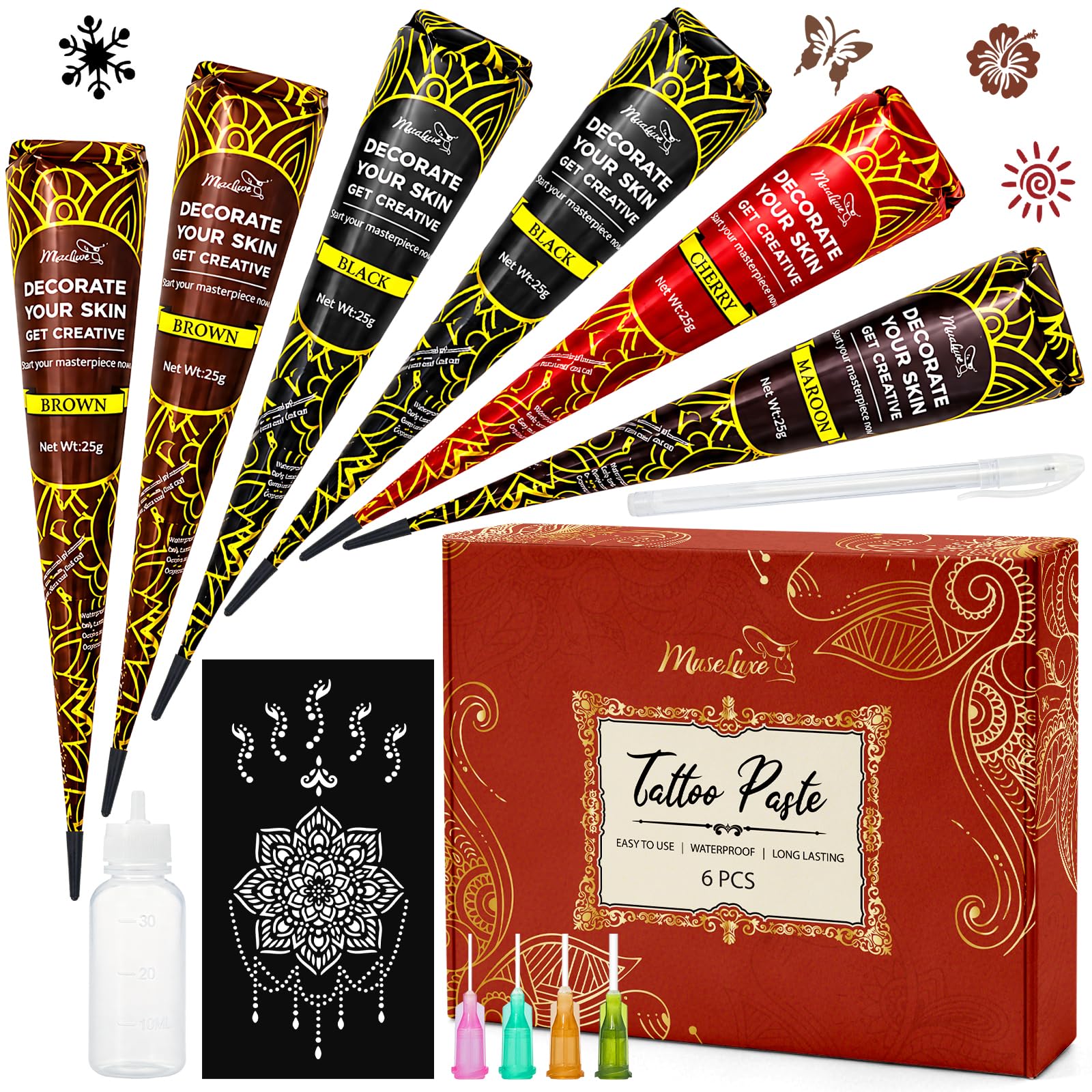 6 Pack Temporary Tattoo Cones Kit, Multi Color Body Art with Accessories