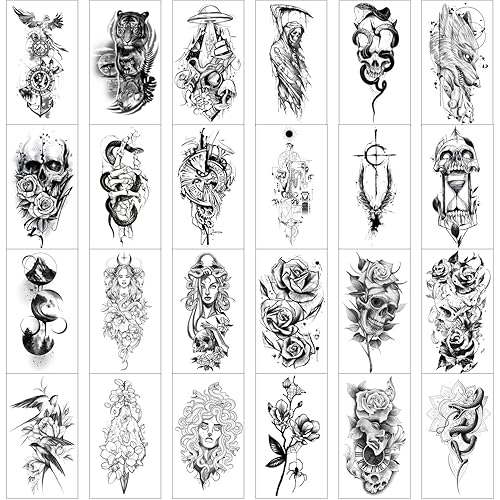 Miniatura 2 de GLARYYEARS Temporary Tattoo for Adults, 24-Pack Large Creative Realistic Tattoos, Black Design Variety Pack Fake Tattoo Stickers for Women Men Body