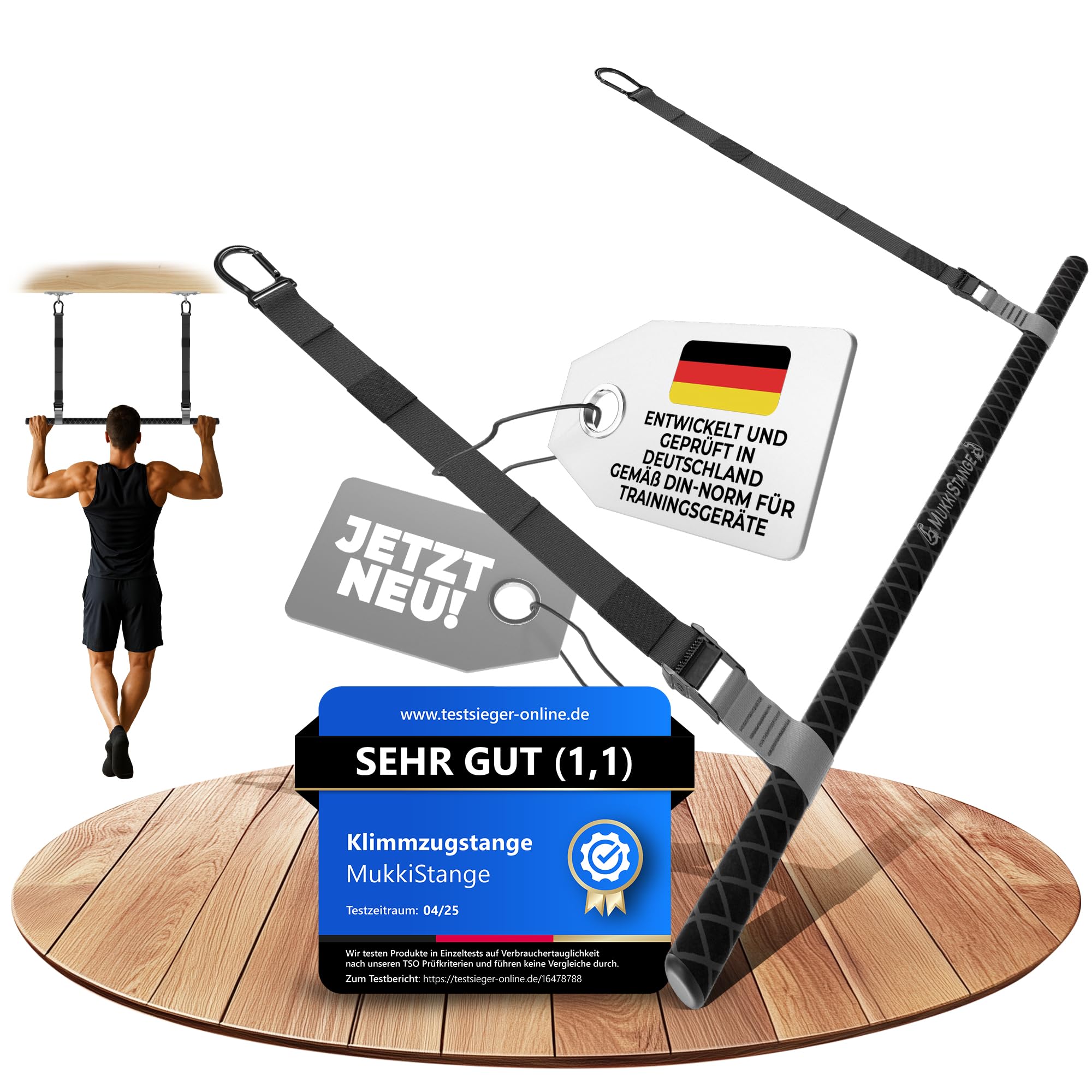 Klimmzugstange Decke, abnehmbar, höhenverstellbar, griffig, platzsparend, verstaubar, zum Aufhängen, geprüftes Fitnessgerät für Zuhause, sichere Pull-Up Bar mit Beinfreiheit