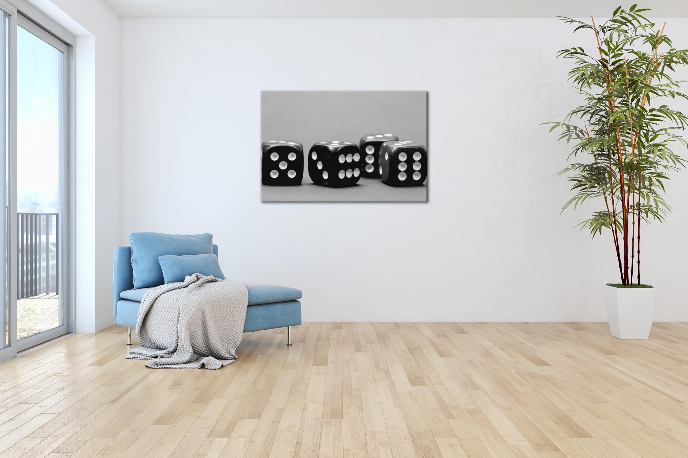 deyoli Kwadratowa kostka do gry, format: 75 x 50 cm, efekt: czarny/biały jako obraz na płótnie, motyw oprawiony na ramie z prawdziwego drewna, wysokiej jakości druk cyfrowy z ramą