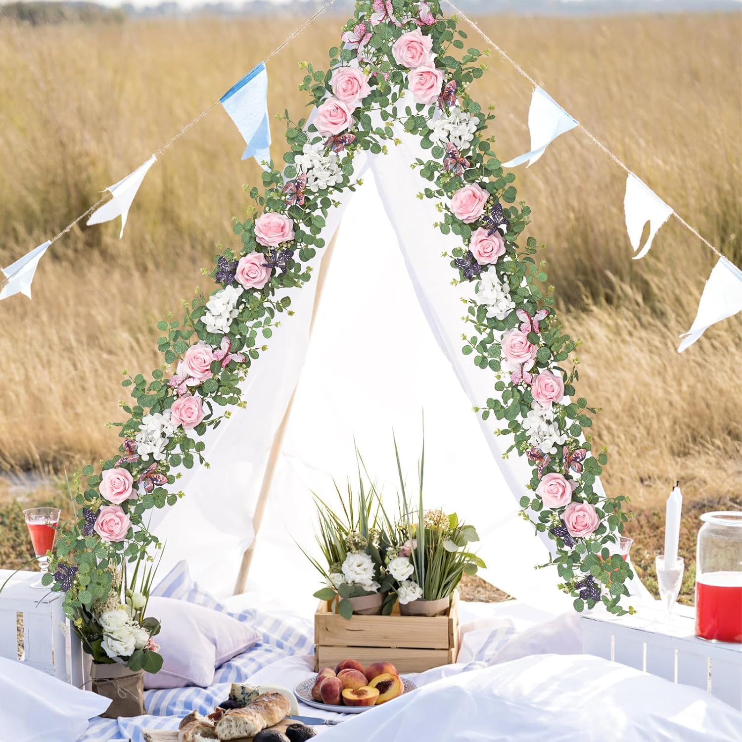 2Pcs 5.9 Ft Artificial Rose Vine Fake Flower Garland Pink Rose Hydrangea Vines with 3D Butterflies Hanging Floral Eucalyptus Garland for Wedding Party Background Arch Table Wall Home Decor - Image 5