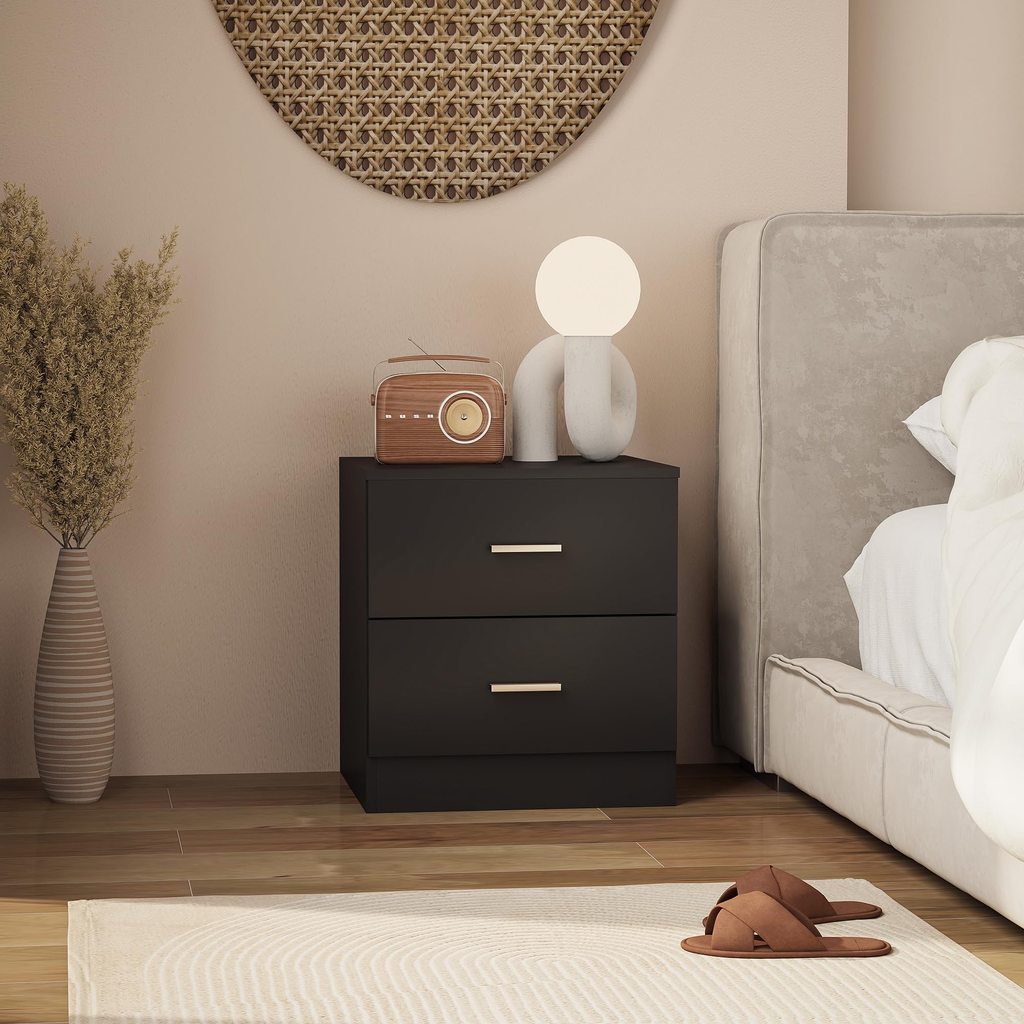 HOMCOM Mesita de Noche Moderna, Mesilla de Noche Dormitorio con 2 Cajones, Mesita Auxiliar para Salón, Dormitorio, Vestuario, 45x39,5x49 cm, Negro