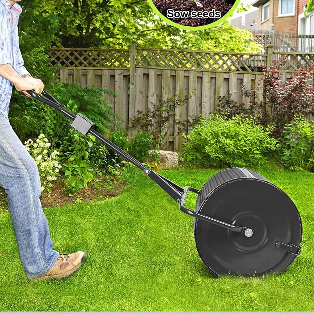 Lawn & Garden Spreaders - 24 inch Heavy Duty Metal Mesh Roller Push/Tow Spreader - Compost, Peat Moss, Top Soil, Mulch-Garden & Lawn Care - Walk and Push Basket Sifter for Yard