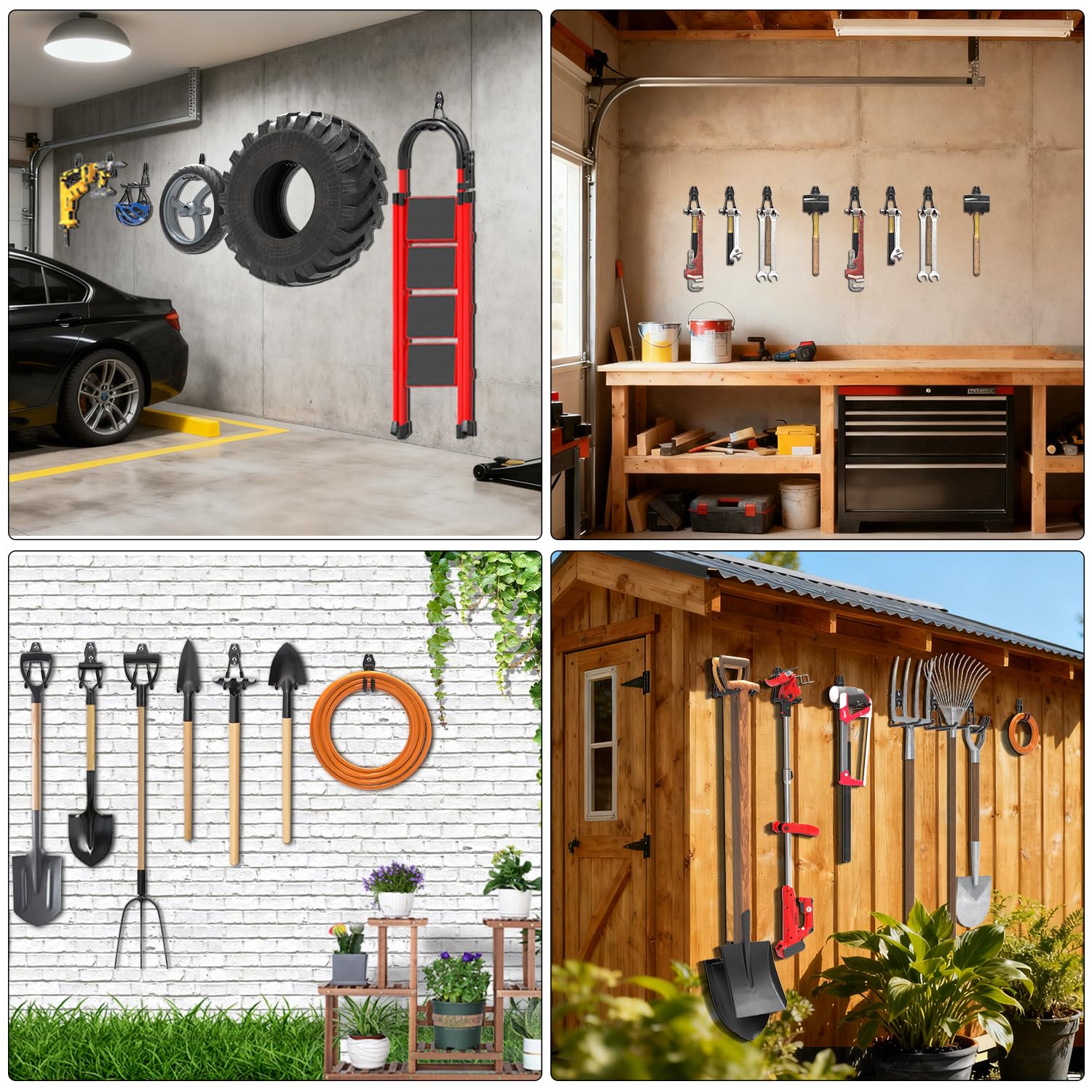 3-H Crochet Mural Garage 14pcs, Porte Outils Mural pour Rangement Atelier Jardin, Crochet Muraux en Acier Robuste avec 3 Points de Soudure pour Êchelle,Vélo,Tuyaux,Outil électrique,Noir