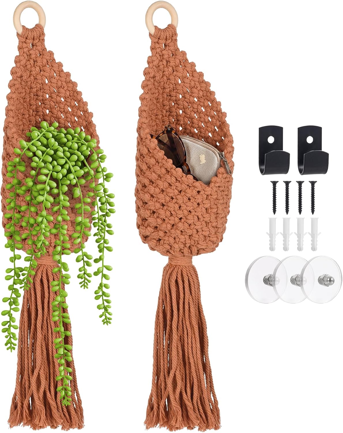 Macrame Wall Hanging Bags, 2 Pack Woven Pouches Boho Storage(Caramel Brown)
