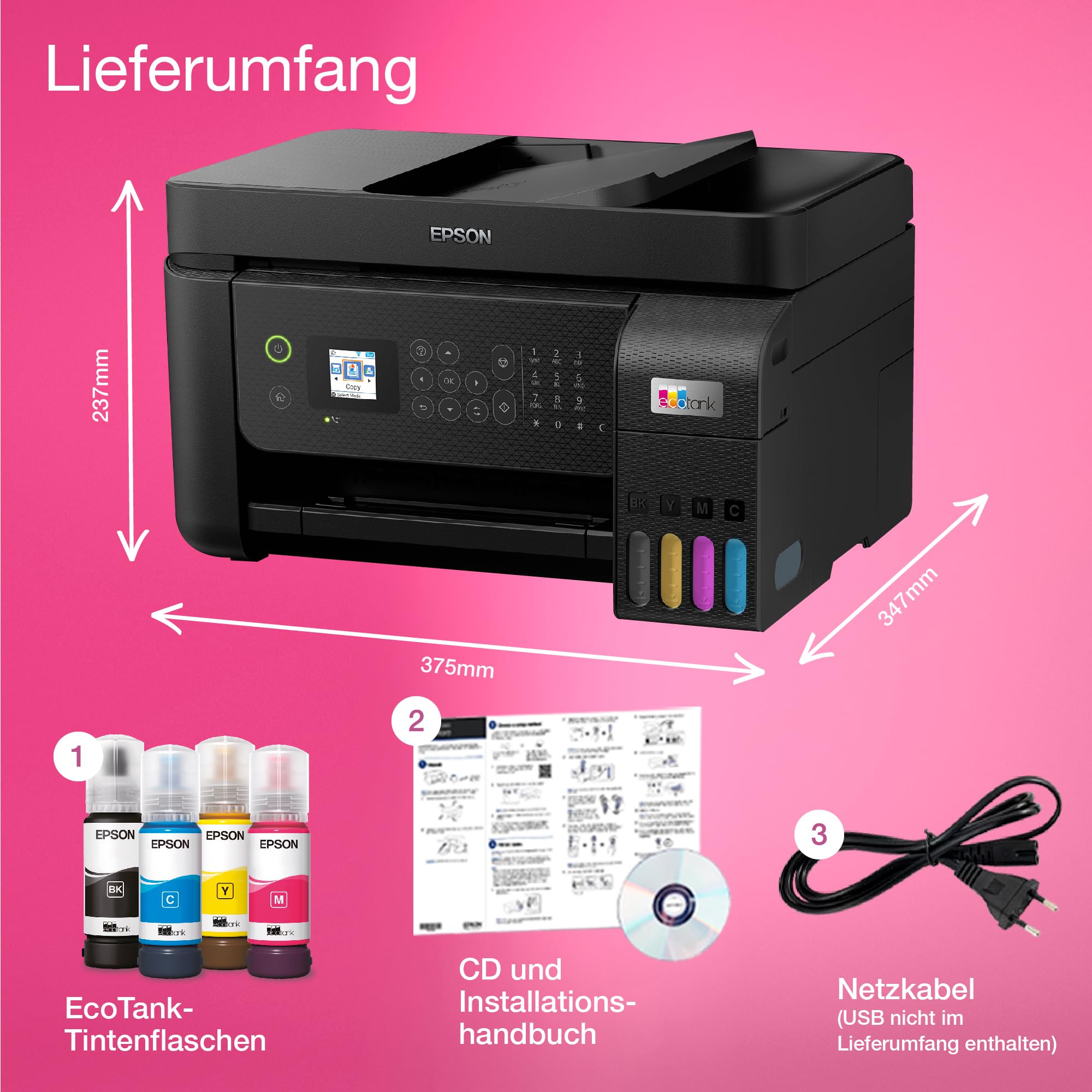 Epson EcoTank ET-4800 Tintentankdrucker A4 WLAN Ethernet Drucken Kopieren Scannen Faxen ADF LCD-Display
