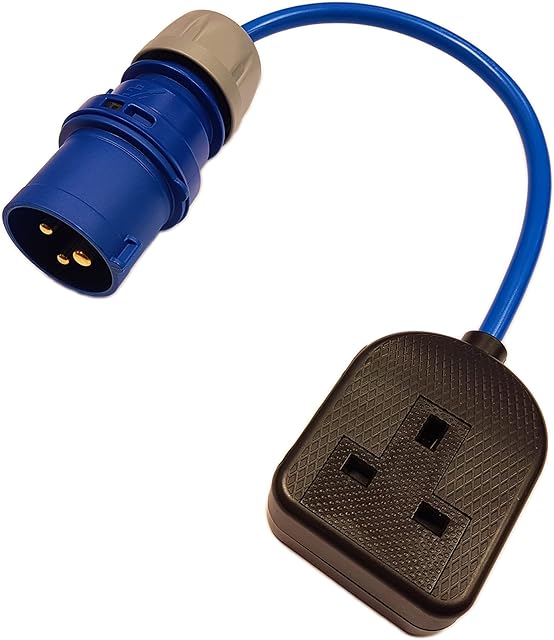 Mains Power Fly Lead Converter 16A CEE Blue Plug to 13A UK 3-Pin Socket