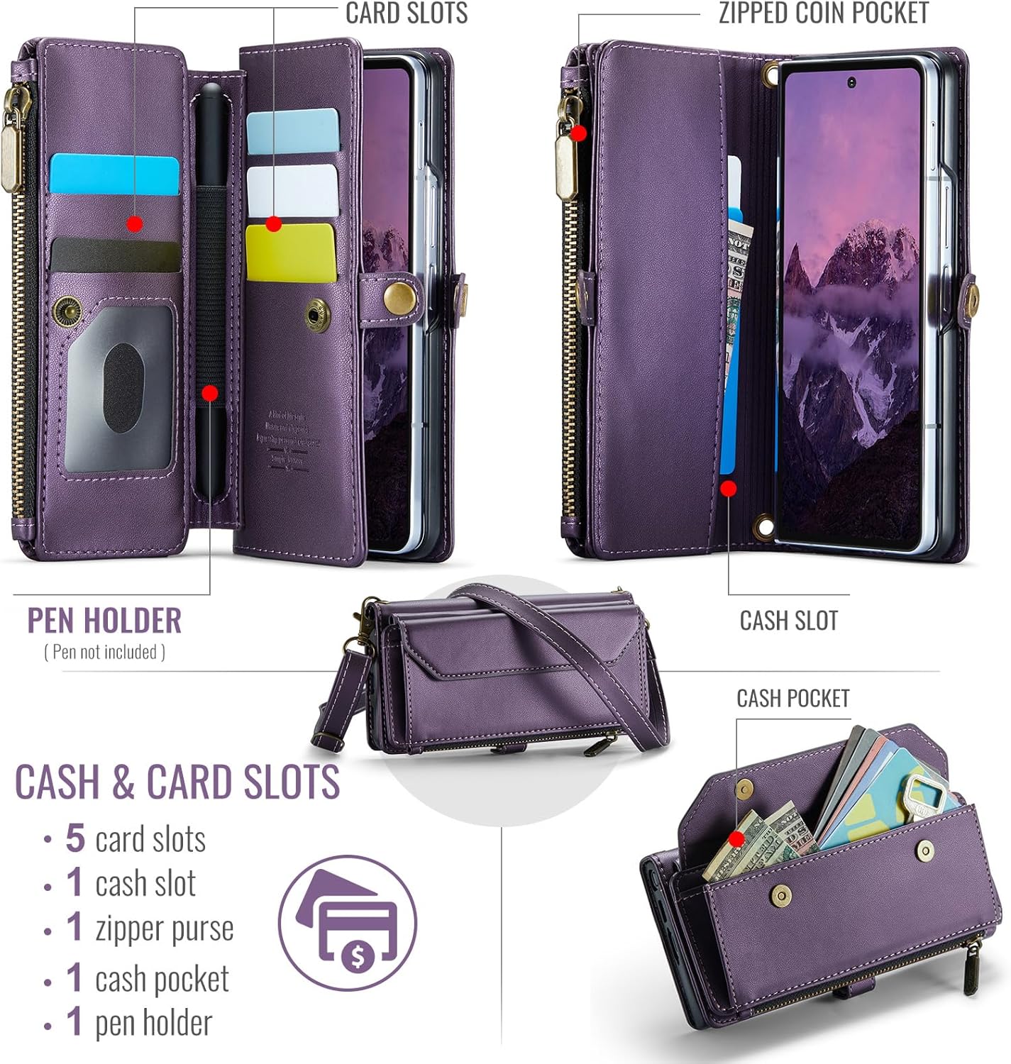 Asuwish Phone Case for Samsung Galaxy Z Fold 7 Zipper Wallet Cover with S Pen Slot and Wrist Strap Flip RFID Blocking Credit Card Holder Stand Cell Accessories ZFold Z7 G Fold7 7Z Women Girls Purple