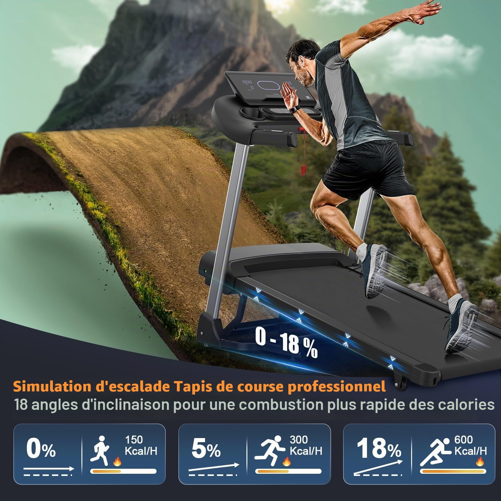Kitopa Tapis de Course pour la Maison, Tapis de Course jusqu'à 7 CV et 20 km/h, Grande Surface de Course Professionnelle avec 18 inclinaisons, Tapis de Course Pliable avec écran LCD interactif et