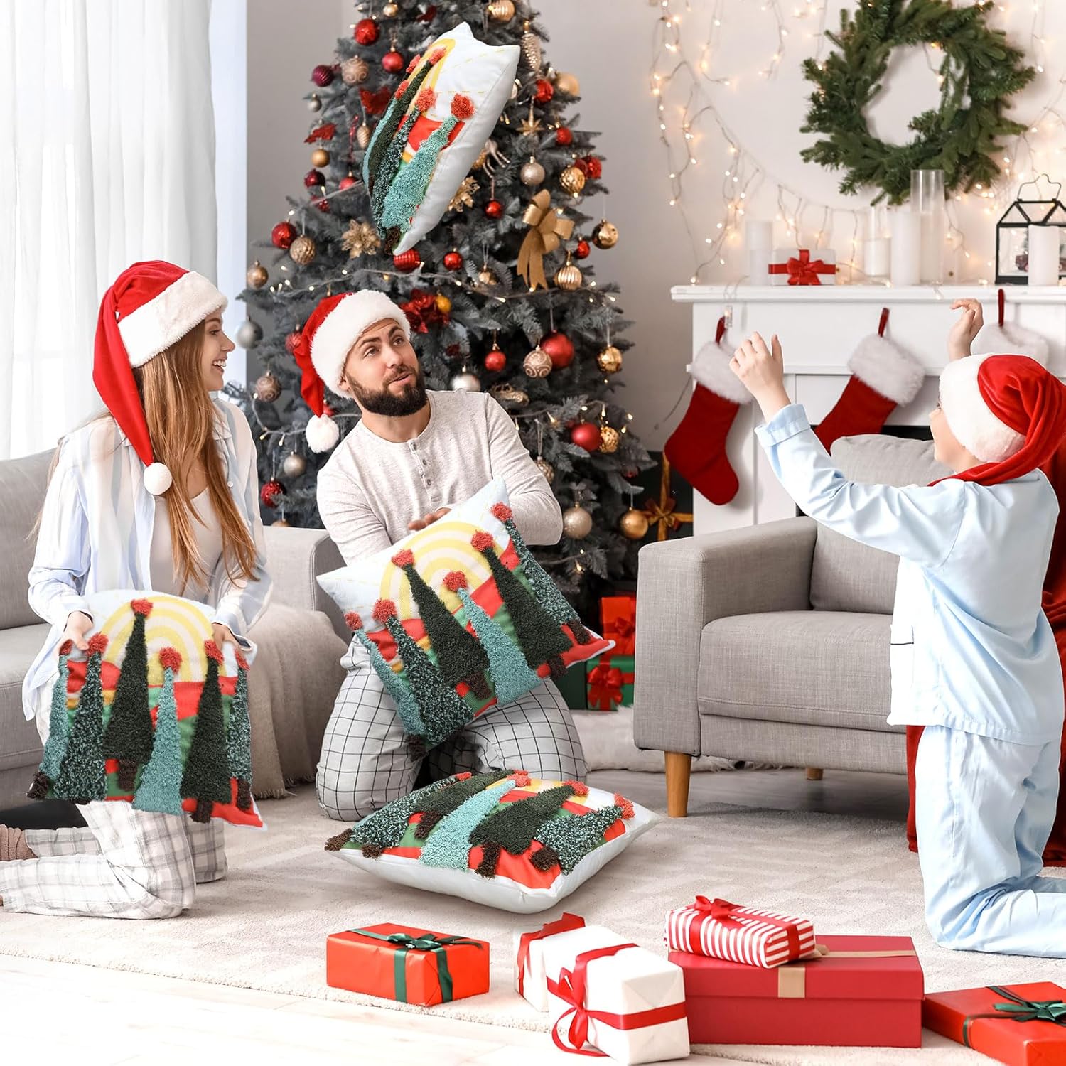HunnmingRe Set of 2 Embroidered Christmas Pillow Covers 18x18 Inch Boho Christmas Tree Pillow Cover Farmhouse Xmas Pillowcases Decorations for Sofa Couch Bedroom Home Living Room Decor
