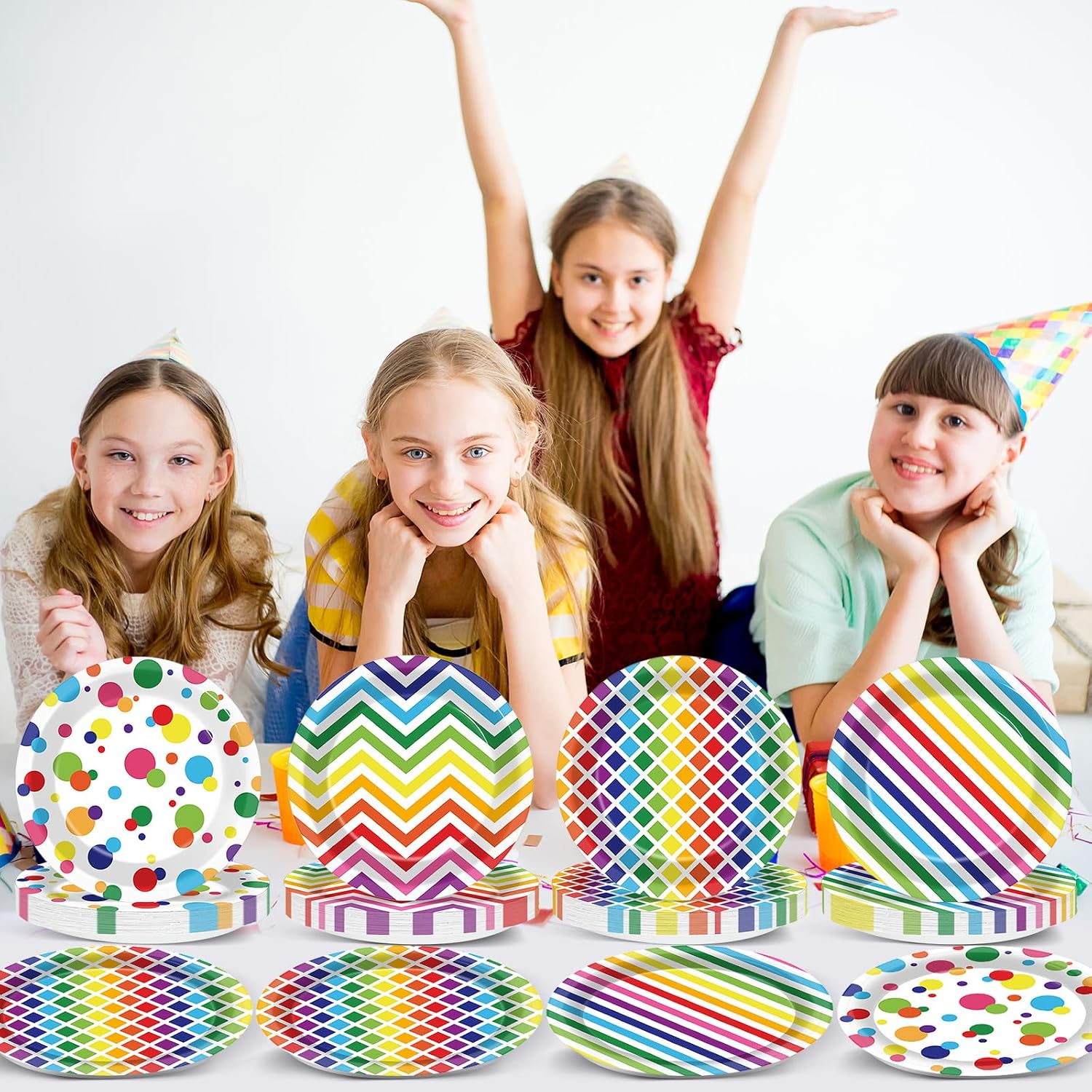 Naozinebi 60Pcs Rainbow Paper Plates Colorful Party Supplies 7" Disposable Dinnerware Rainbow Pride Tableware Polka Dot Stripes Printed for Birthday Picnic Pride Month Gay LGBT LGBTQ Supplies