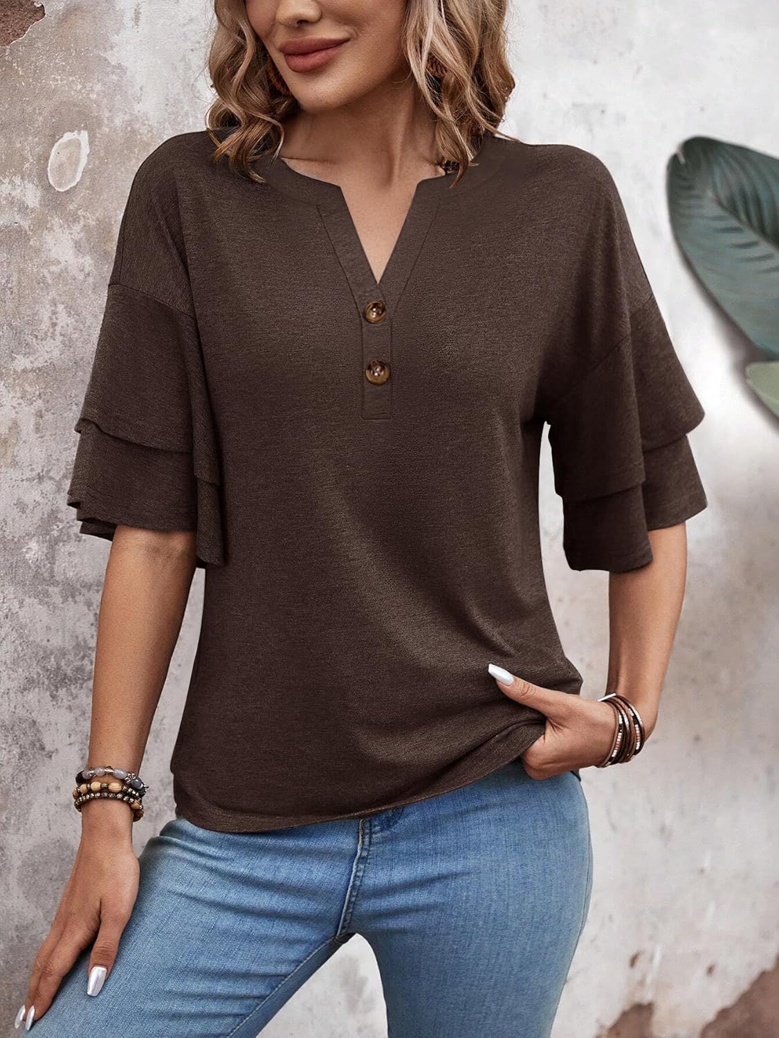 Womens Tops Henley Blouses V Neck Button Down Shirts Casual Outfit Cute Work Tees Spring Fall Summer Fashion Clothes - Image 3