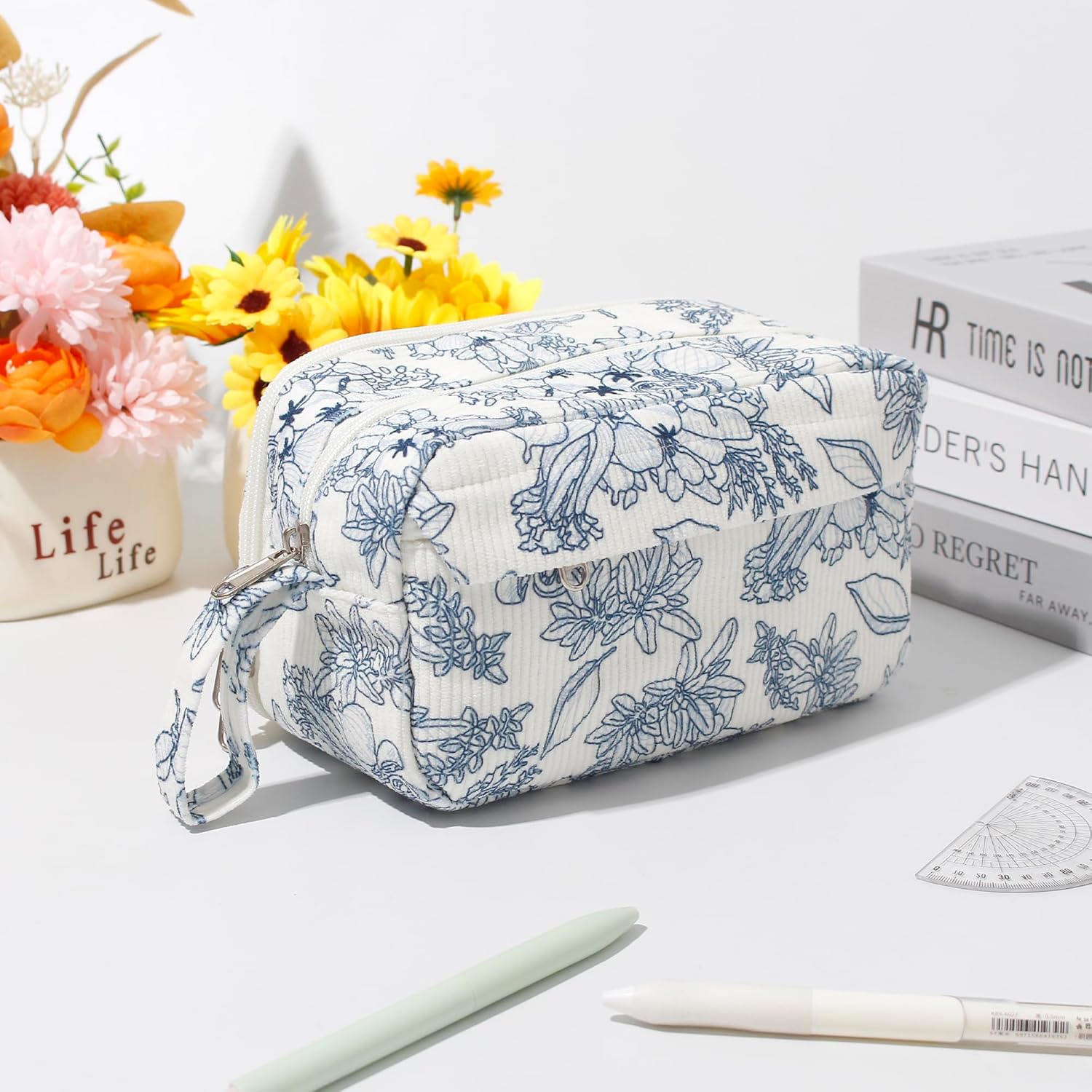 Big Capacity Pencil Case Pencil Pouch School Supplies Large Cute Pencil Box Pencil Bag for Teen Girls Boys Kids (B Navy blue flower) - Image 2