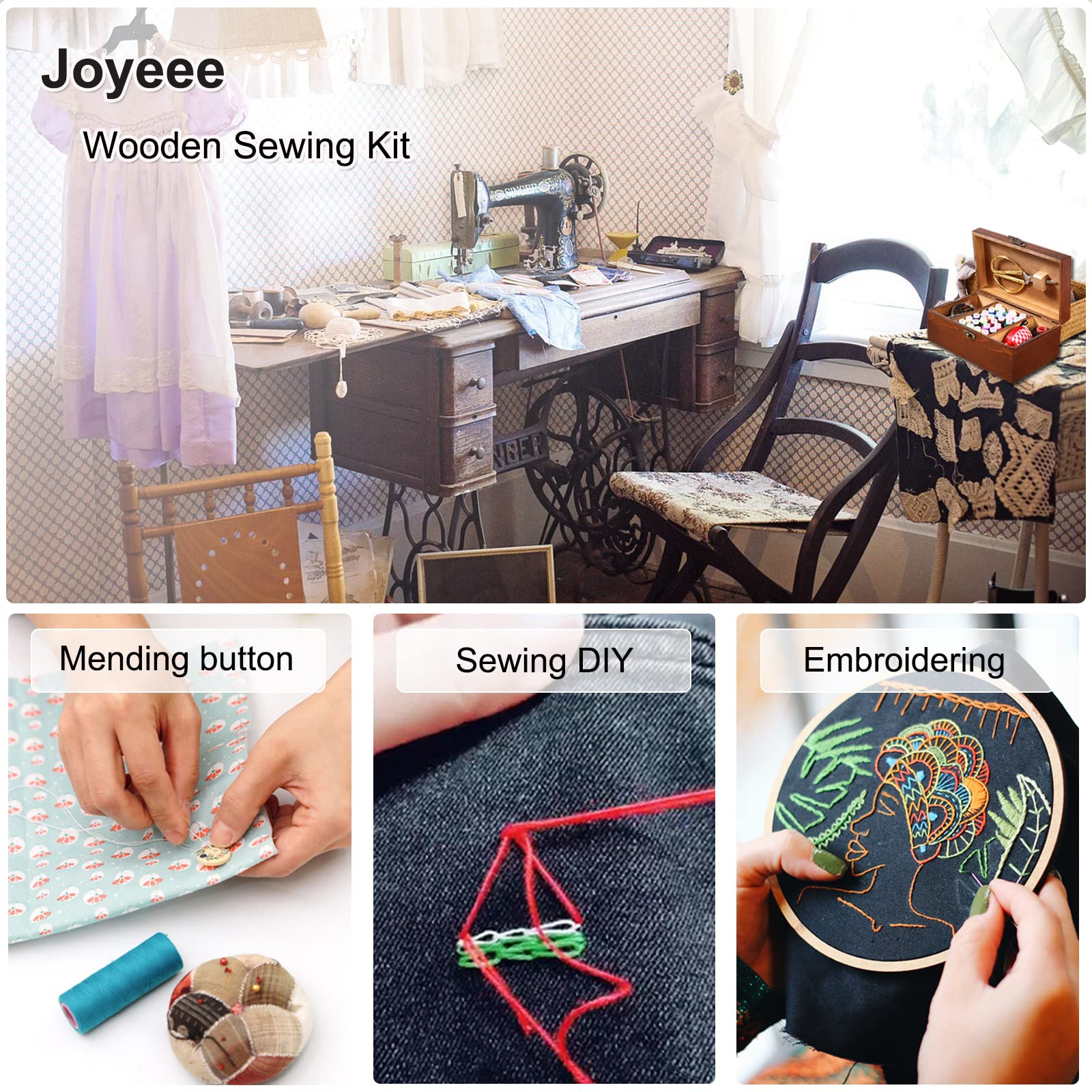 Joyeee Scatola da Cucito in Legno - Premium Cestino da Cucito Vintage con Accessori da Cucito Completi, Portatile Valigetta Sarta per Principianti, Casa e Emergenza Uso#3