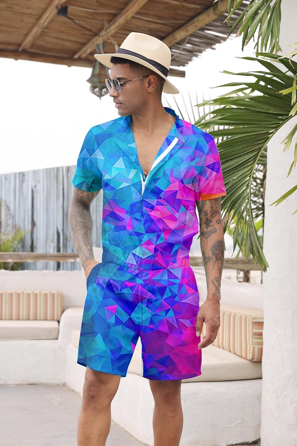 Goodstoworld Male Hawaiian Romper Fashion Zipper Slim Fit Jumpsuit with Pocket S-XXL