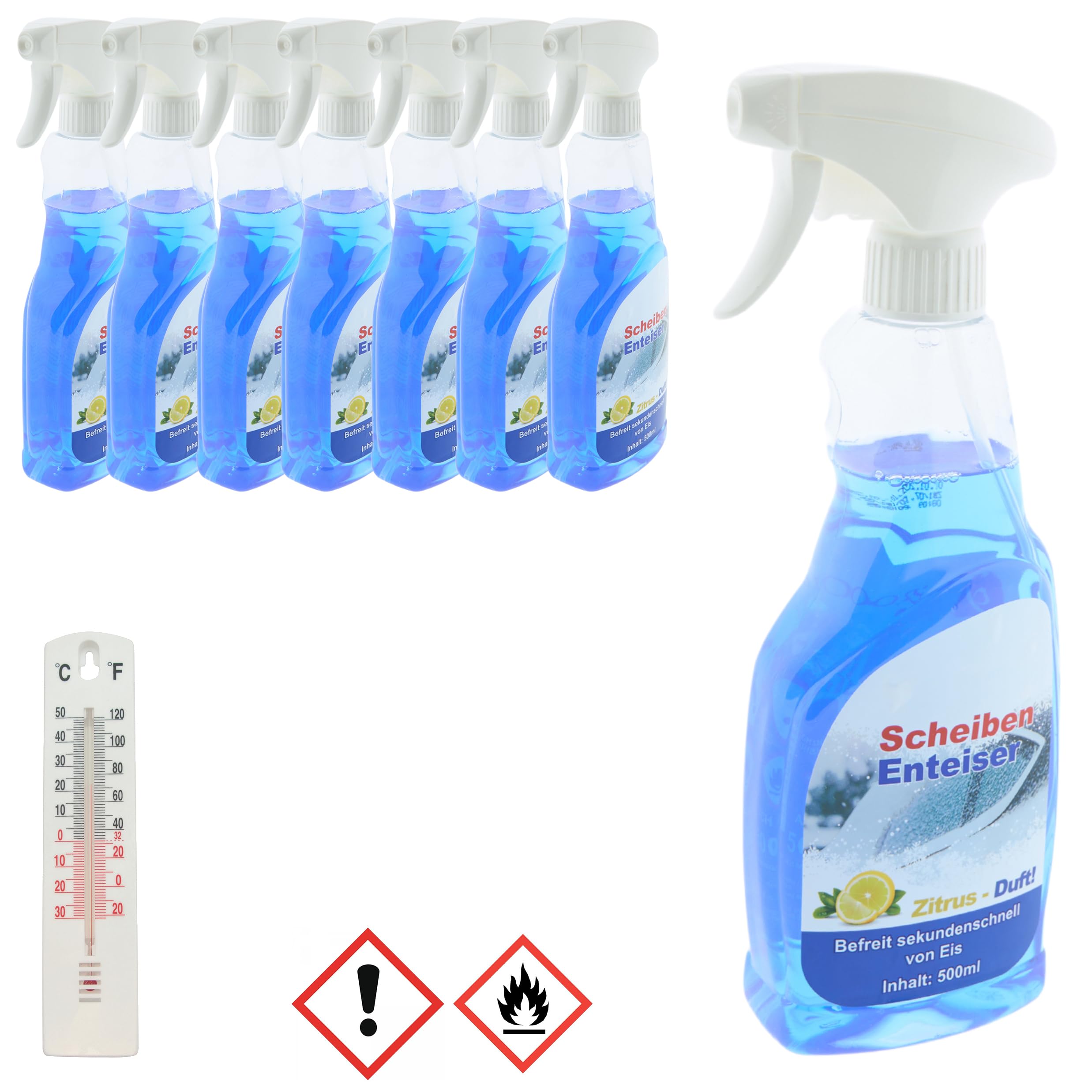 8 x Scheibenenteiser 500ml in Sprühflasche Auto Eisspray Entfroster Enteiser Enteiserspray Sprühenteiser + Gratis Thermometer
