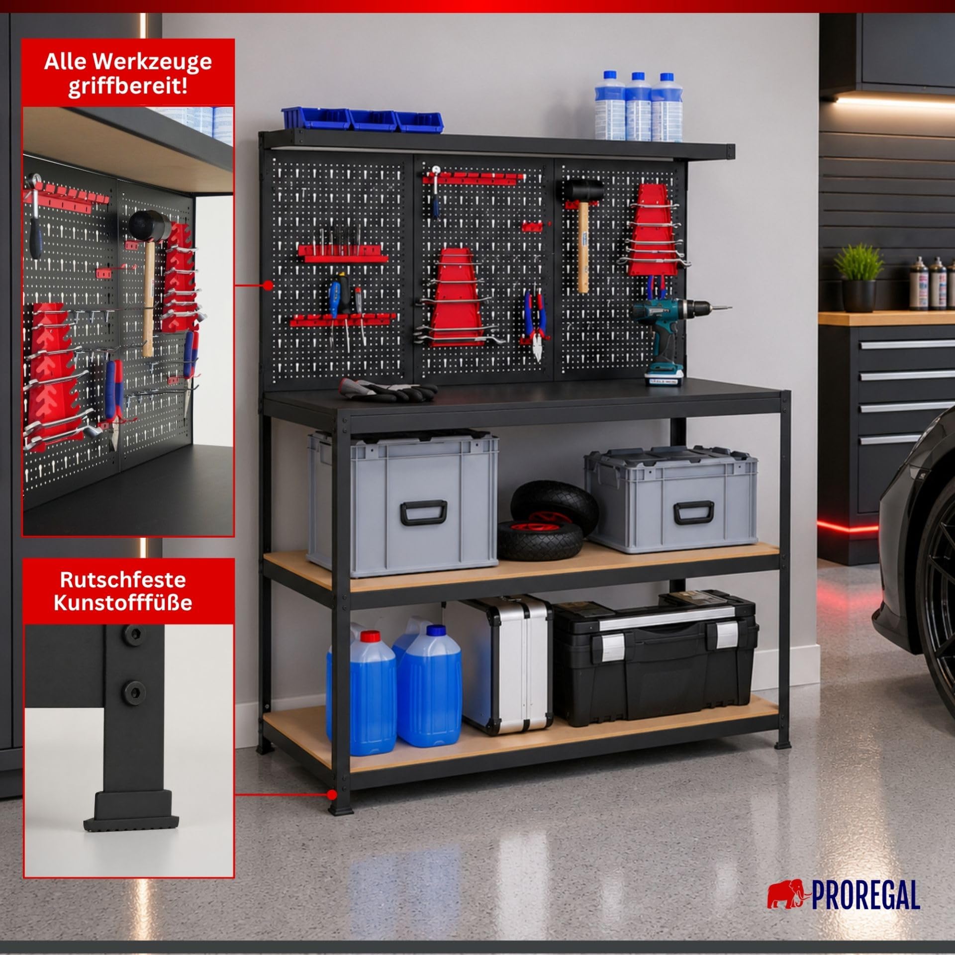 PROREGAL Profi Werkbank ARES mit Werkzeug Lochwand für Werkstatt 155x120x60cm Fachlast 150kg inkl. Werkzeughalter Schwarz Werktisch mit Lochplatte Werkzeugbank Arbeitstisch mit Werkzeugwand Werktisch