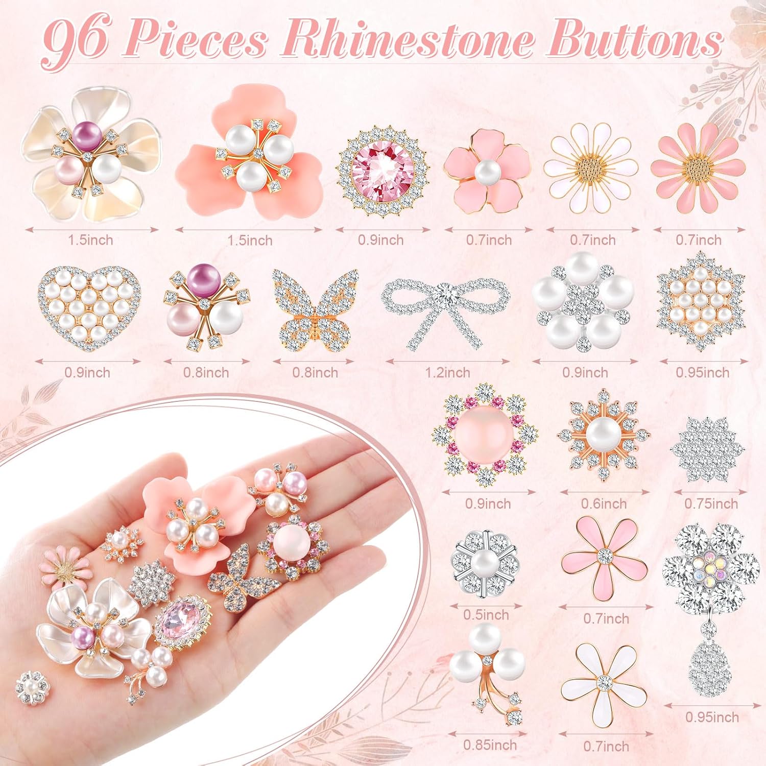Giegxin 96 Pcs Rhinestone Buttons for Crafts Clothes Faux Pearl Embellishments Pink Butterfly Rhinestone Flower Buttons Vintage Women Pearl Brooch for Jewelry Making, DIY, Bags Shoes Supplies - Image 2