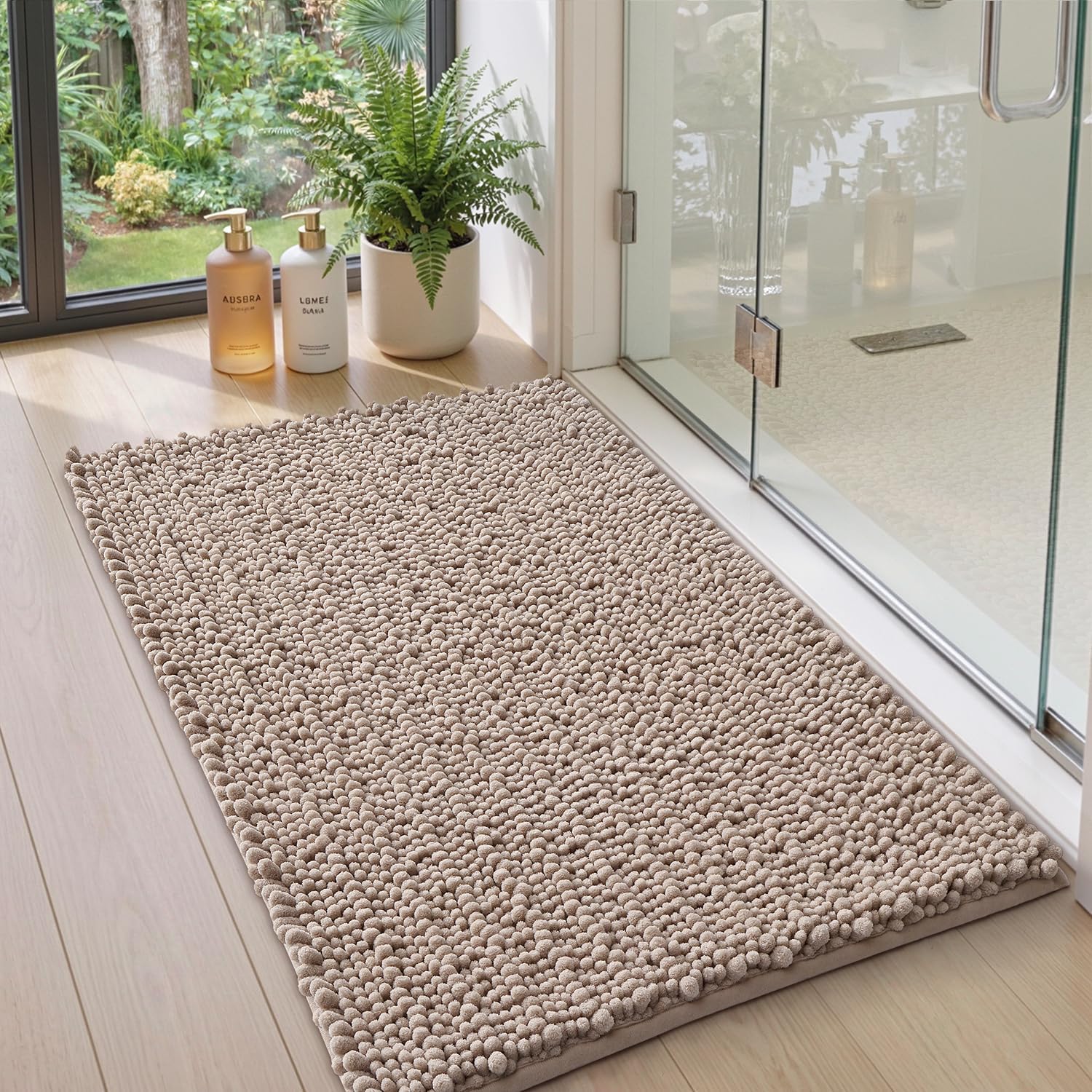 DEXI Bathroom Rugs 24x36, Super Soft Thick Chenille Absorbent Bath Mat, Non Slip Machine Washable Fluffy Shag Bathmat for Tub, Shower Floor, Dark Beige