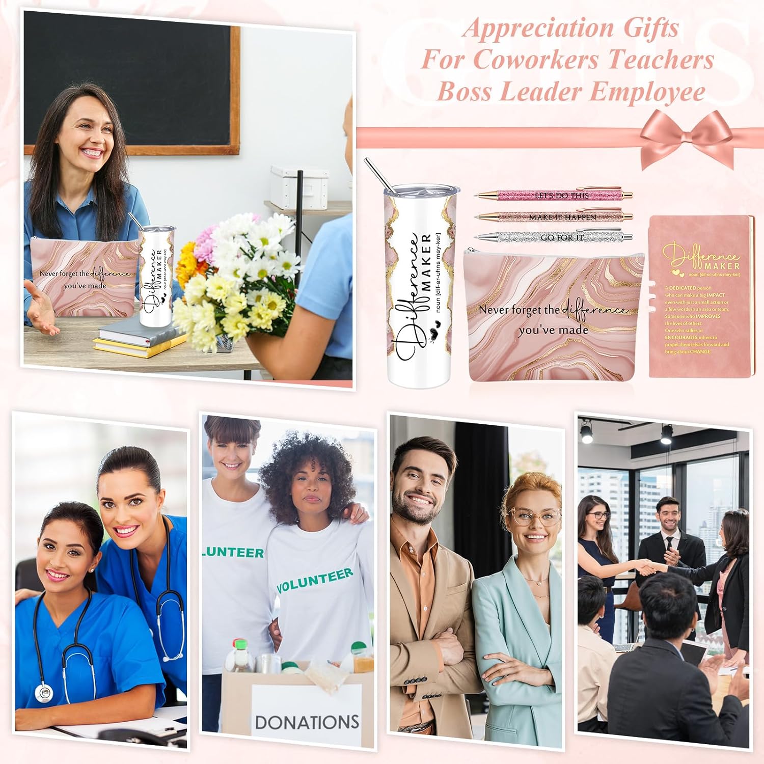 6 Pcs Valentines Day Employee Appreciation Gifts Bulk for Women Difference Maker Gift Thank You Gift Leather Journal with 3 Ballpoints Tumbler Makeup Bag for Coworker Employee Teacher Nurse(Pink) - Image 7
