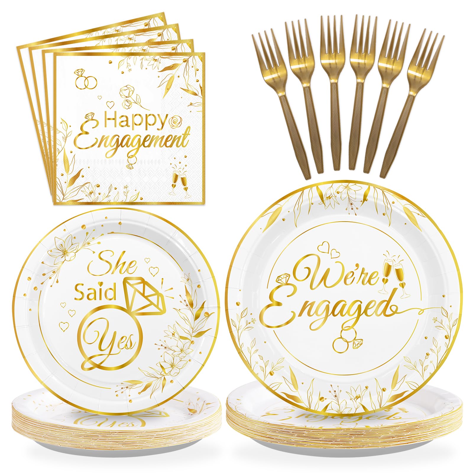 Grencian 96Pcs Happy Engagement Party Supplies White Gold Diamond Ring Plates Napkins She Said Yes Party Disposable Dinnerware for Wedding Bridal