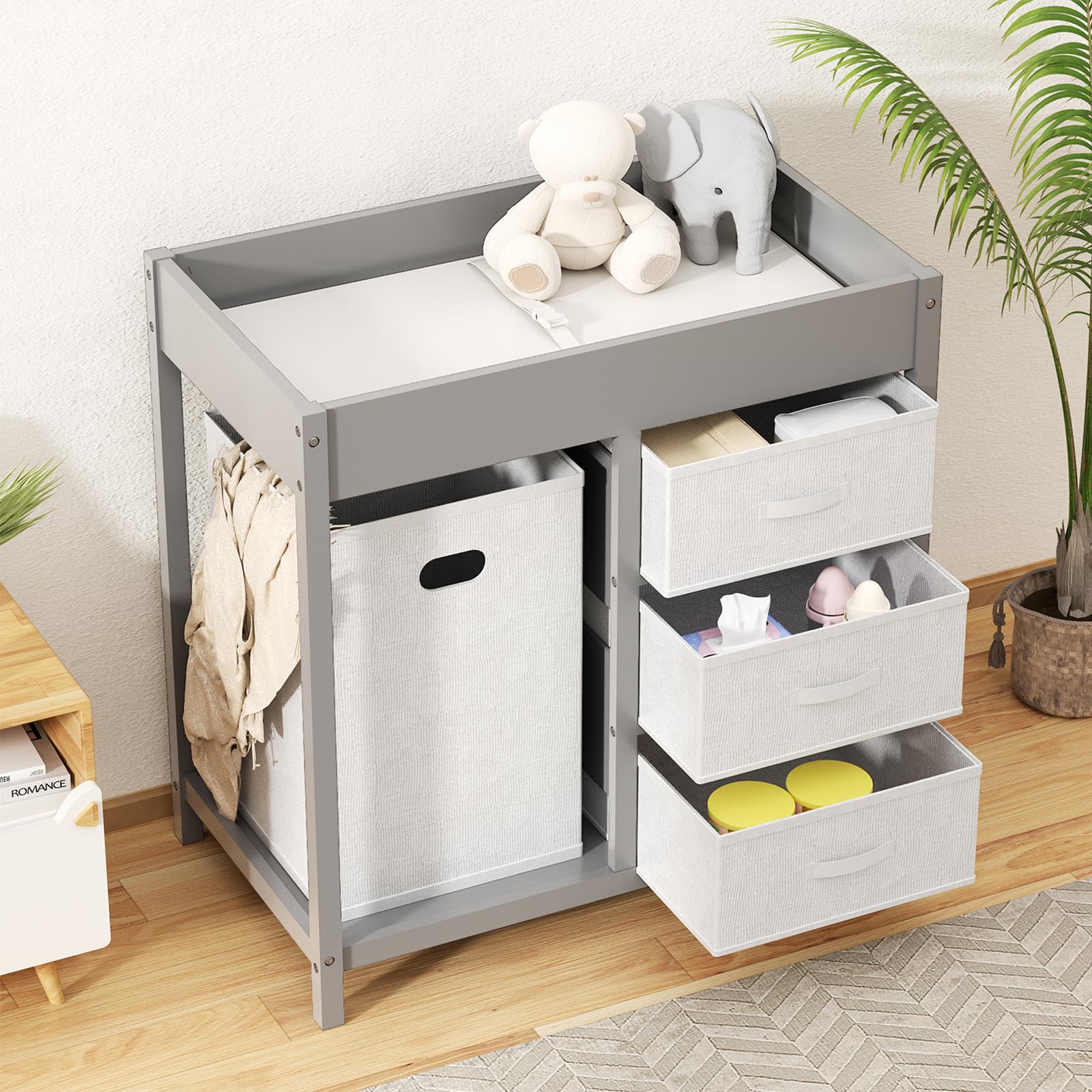 KORIMEFA Baby Changing Table, Diaper Changing Station for Infant with Laundry Hamper, 3 Removable Storage Baskets and Waterproof Changing Pad, Grey