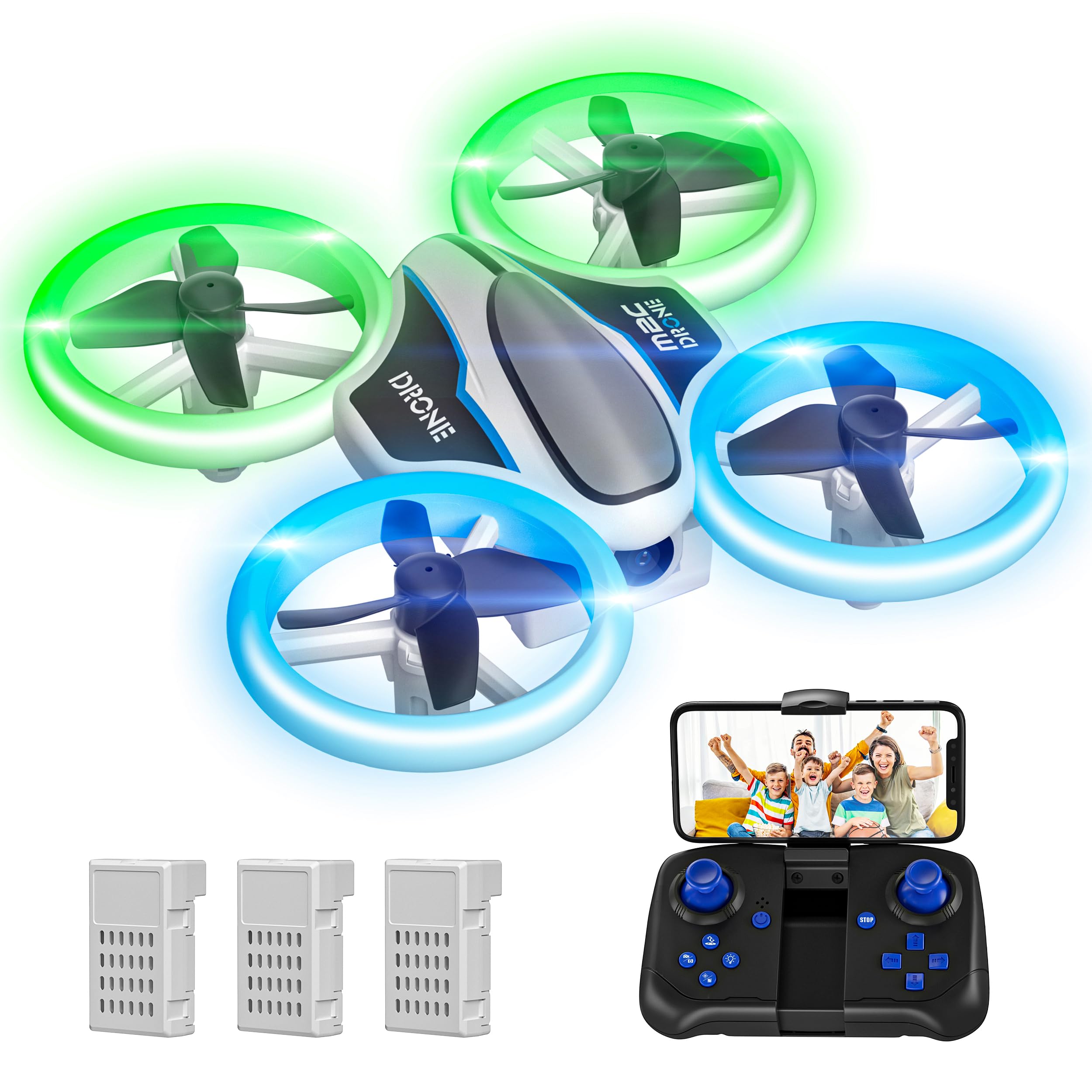 Mini Drone with 720P HD Camera for Kids and Adults, RC Quadcopter with LED Light, 3 Modular Batteries, Headless Mode, 3D Flips, Childrens Drone Toys Gifts for Boys and Girls,M2C Green