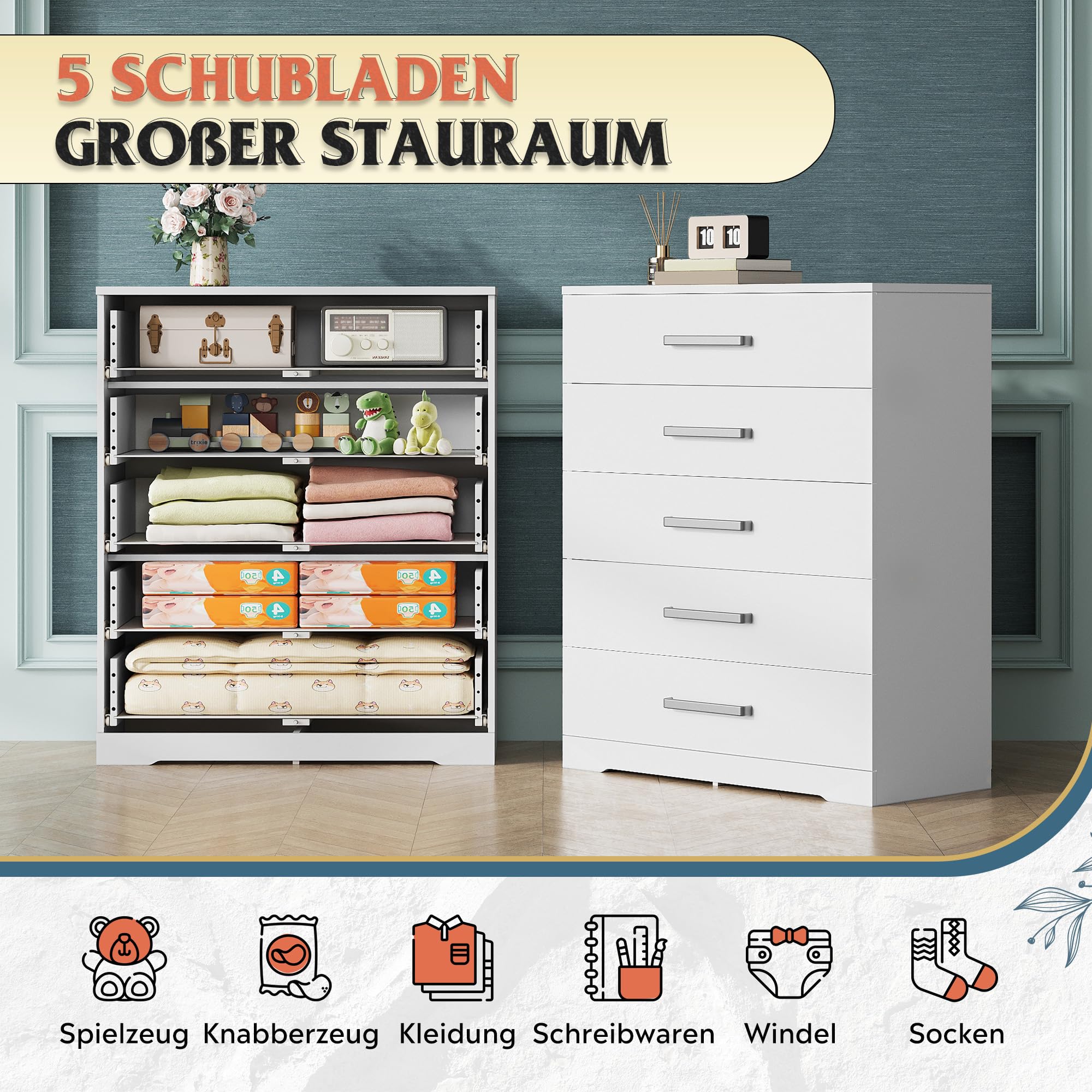 WLIVE Sideboard & Kommode mit 5 Schubladen, Metallgriffen & Metallschienen, Moderner Aufbewahrungsschrank für Schlafzimmer, Kinderzimmer, Schrankraum, Weiß