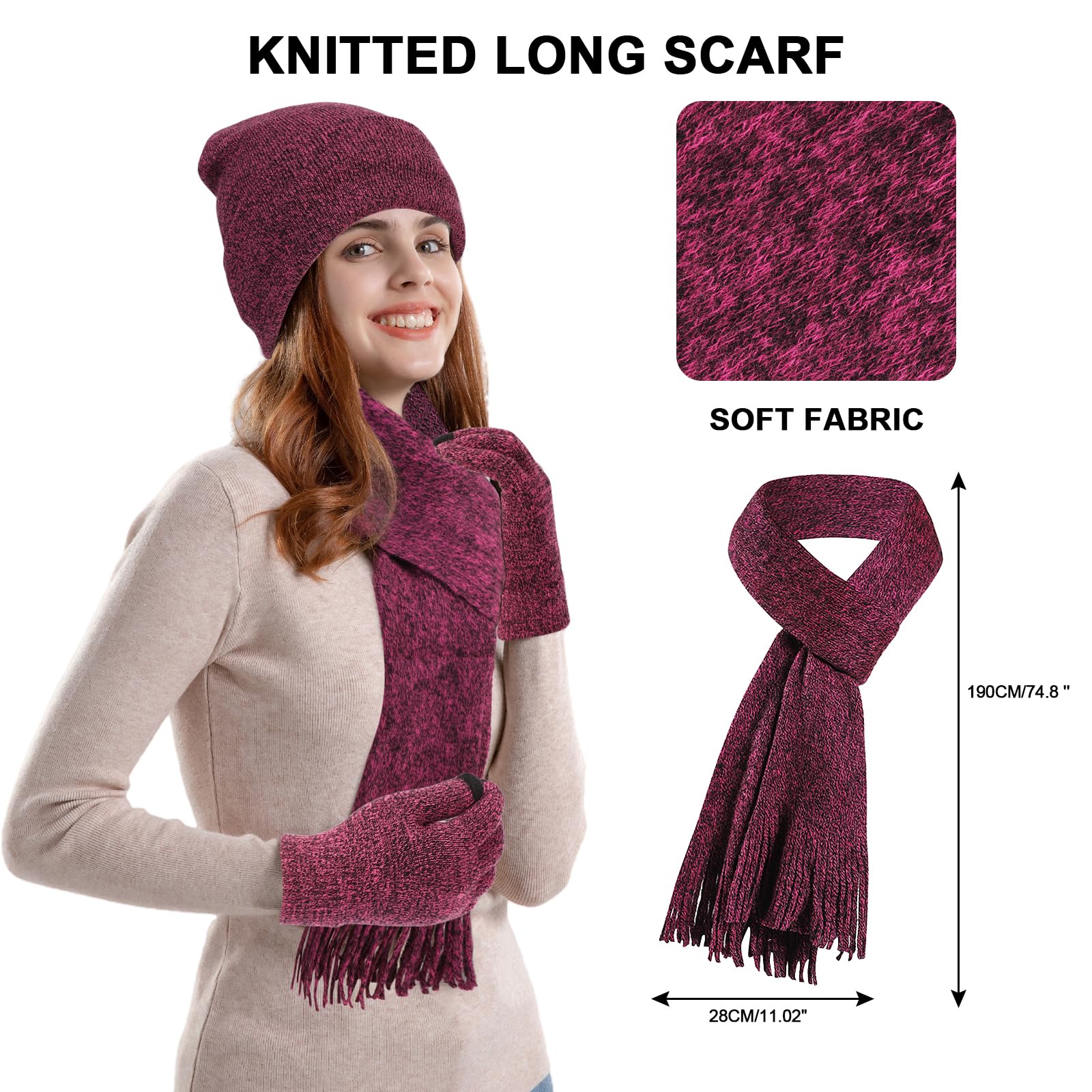 Invierno Gorro Bufanda Guantes de Pantalla Táctil Set 3 en 1 para Mujeres, Sombreros de Punto con Cálido Forro Polar Suave Larga Lana Bufanda Elástico Guantes Conjunto para Mujeres Regalos