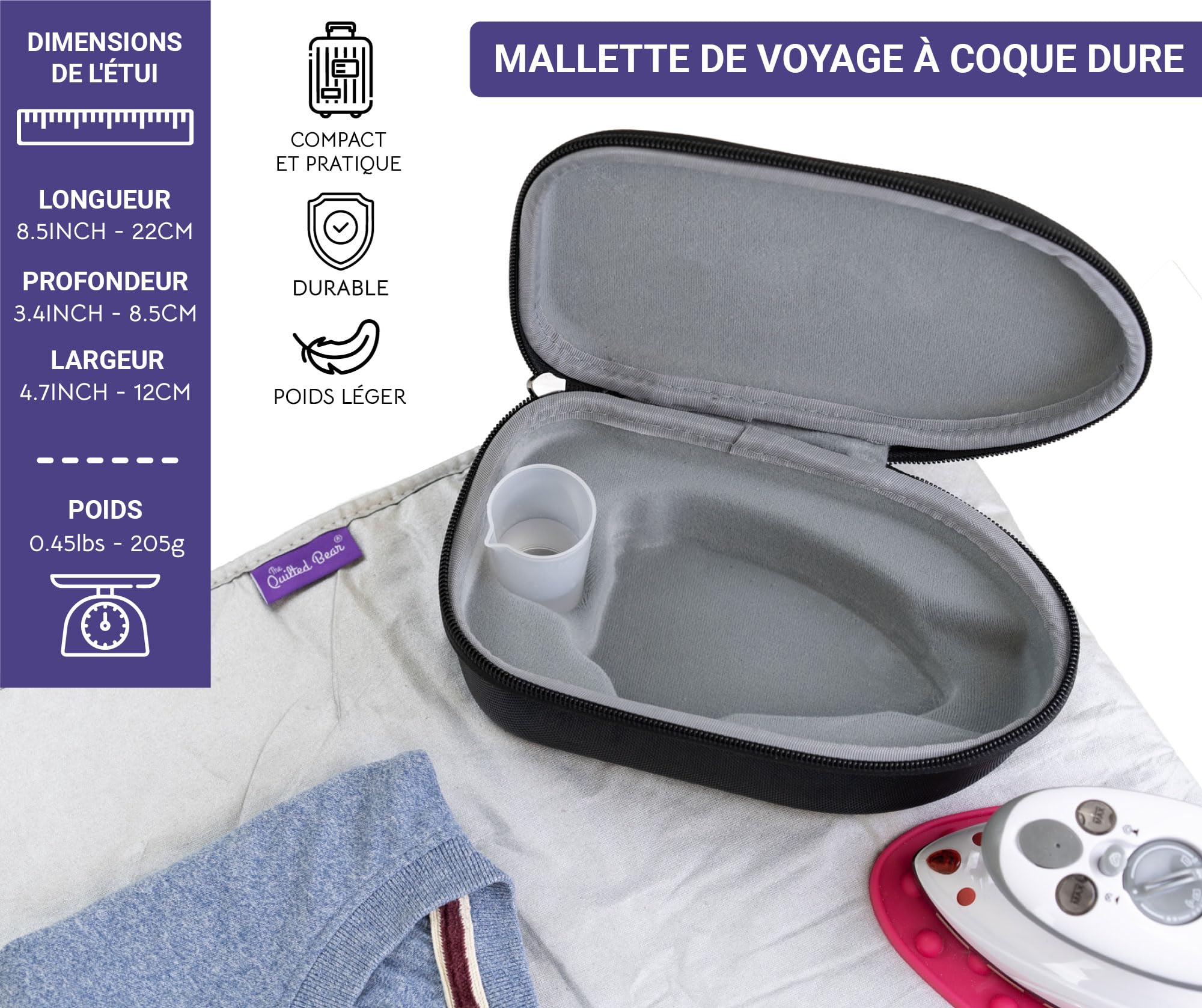 The Quilted Bear Mini Fer à Repasser - Fer a Repasser Voyage avec Céramique Vapeur & Thermostat - Petit Defroisseur Vapeur Voyage Pour la Couture, Artisanat ou Transfer (Boîtier Noir)
