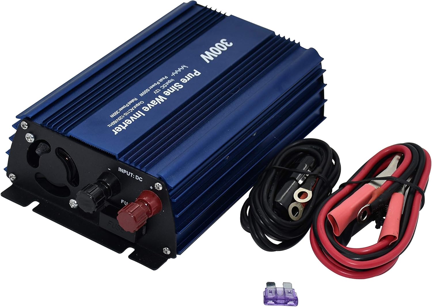 DC 12V to AC120V Pure sine Wave Power Inverter 300W with Dual sockets Output and DC 5V 2Amp USB Output. Ideal for Most Small Power appliances. (300W) Blue
