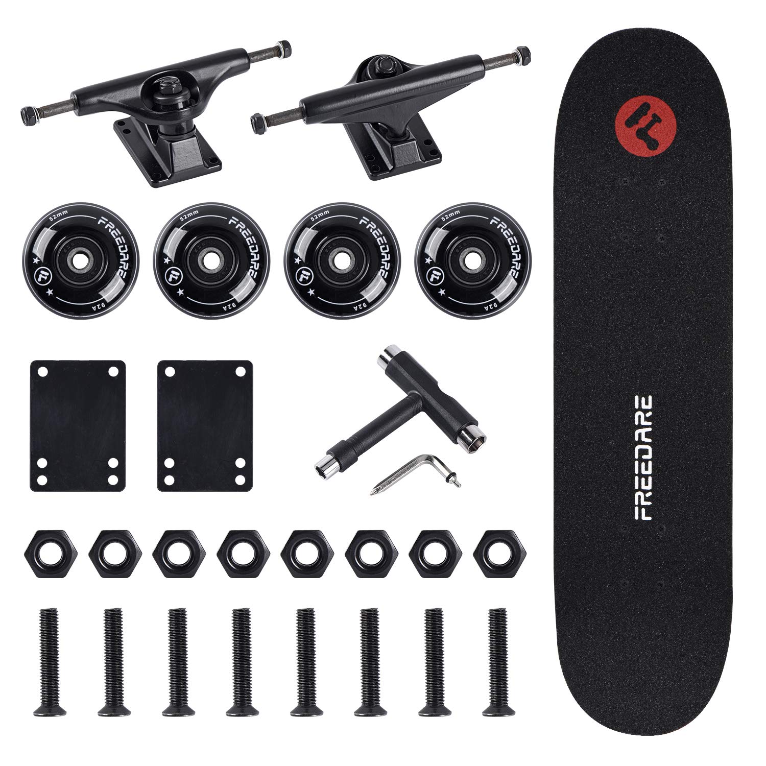 FREEDARE Skateboard 5"/5.25" Trucks and 52mm/54mm/60mm Wheels Set, whth Bearings, Tool, Riser Pads, Hardware Kit